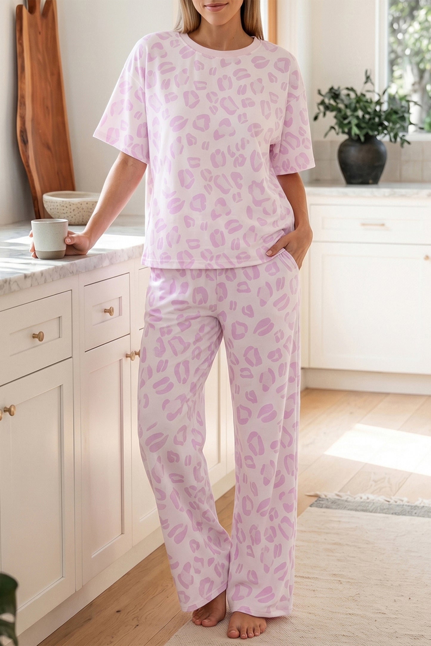Pink Leopard Two Piece Top and Pants Set