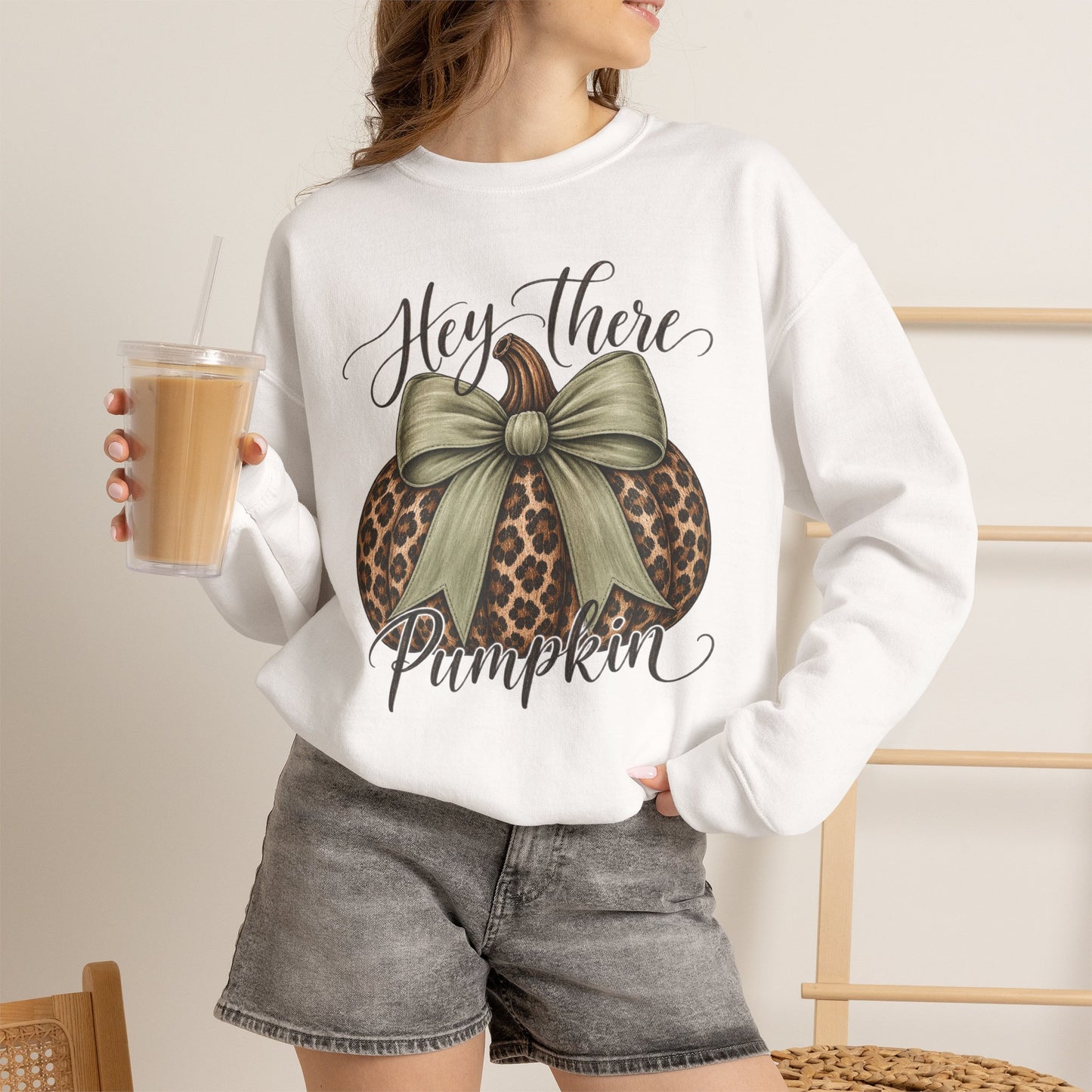 GILDAN - Hey There Pumpkin Sweatshirt — Leopard Pumpkin with Olive Bow Fall Crewneck