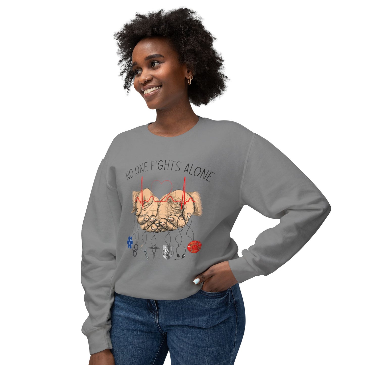 COMFORT COLORS -Crewneck Sweatshirt — "No One Fights Alone" Hands & Medical Symbols Support Pullover