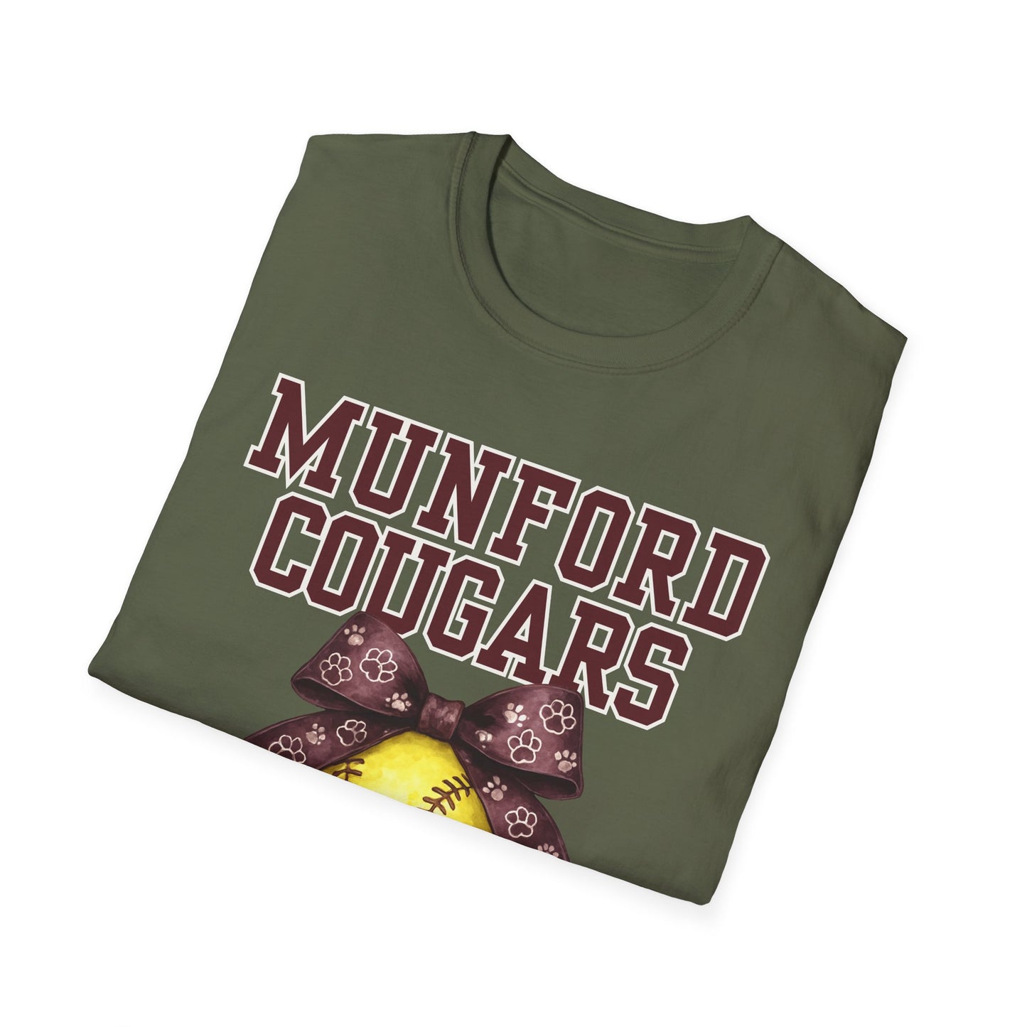 Munford Cougars Softball T-Shirt — Yellow Ball with Bow Team Tee
