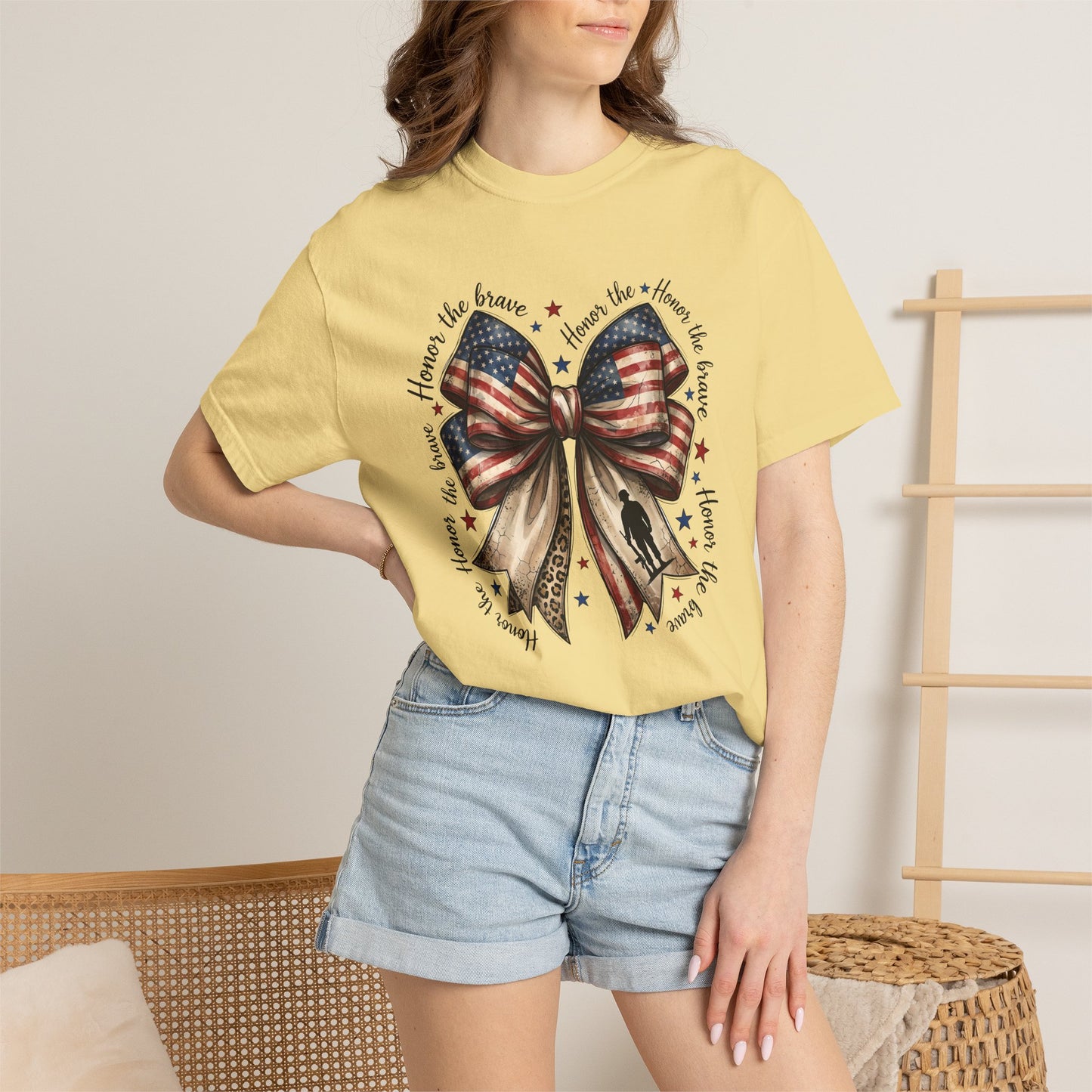 COMFORT COLORS - Patriotic American Flag Bow T-Shirt — "Home of the Brave" Fourth of July Tee