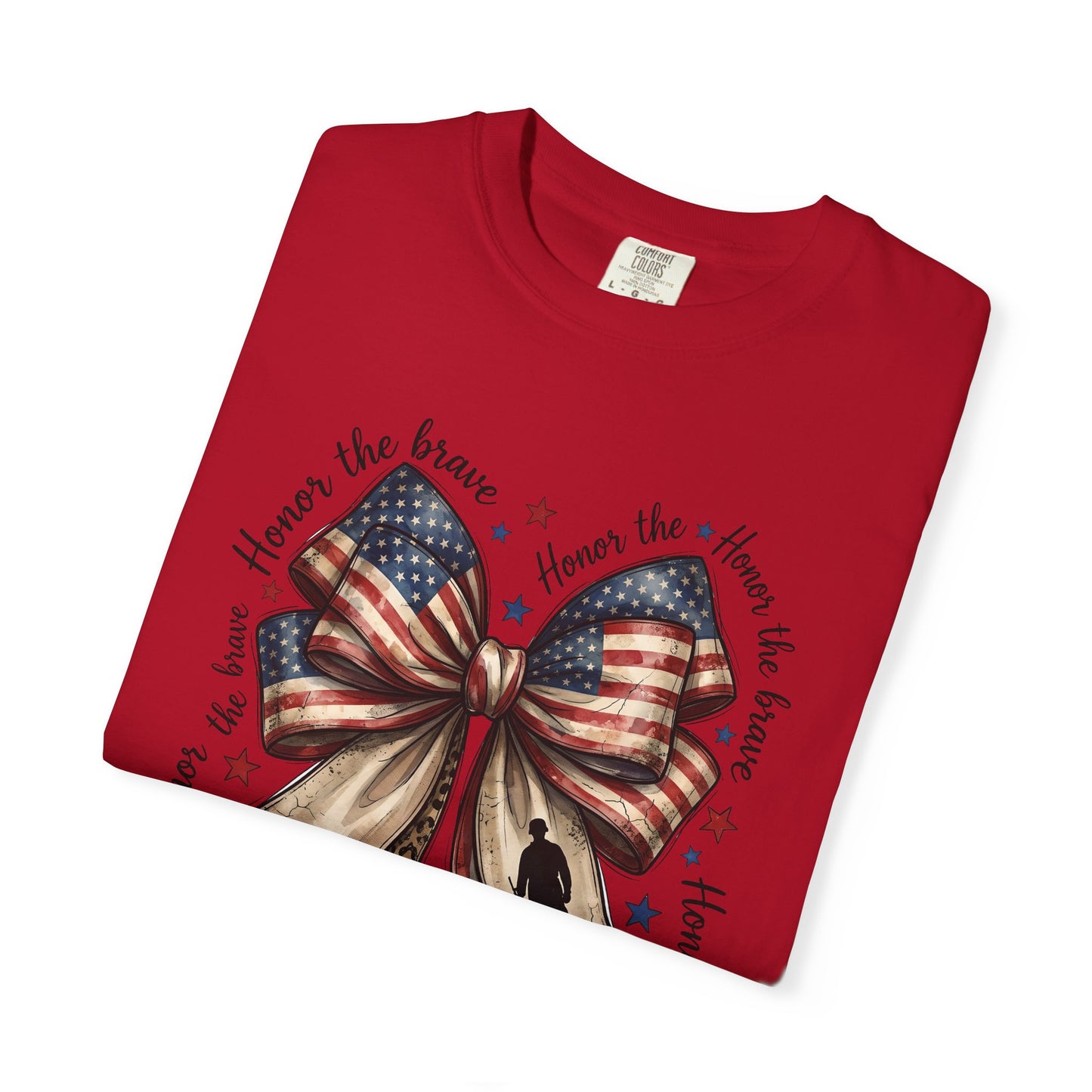 COMFORT COLORS - Patriotic American Flag Bow T-Shirt — "Home of the Brave" Fourth of July Tee
