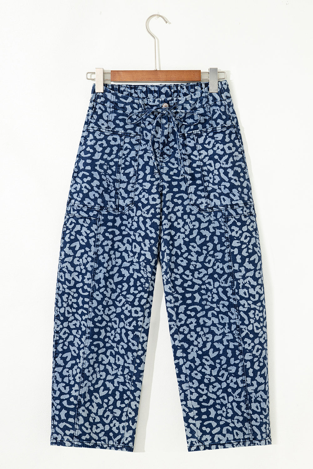 Khaki Leopard Printed Drawstring Elastic Waistband Pocketed Wide Leg Jeans