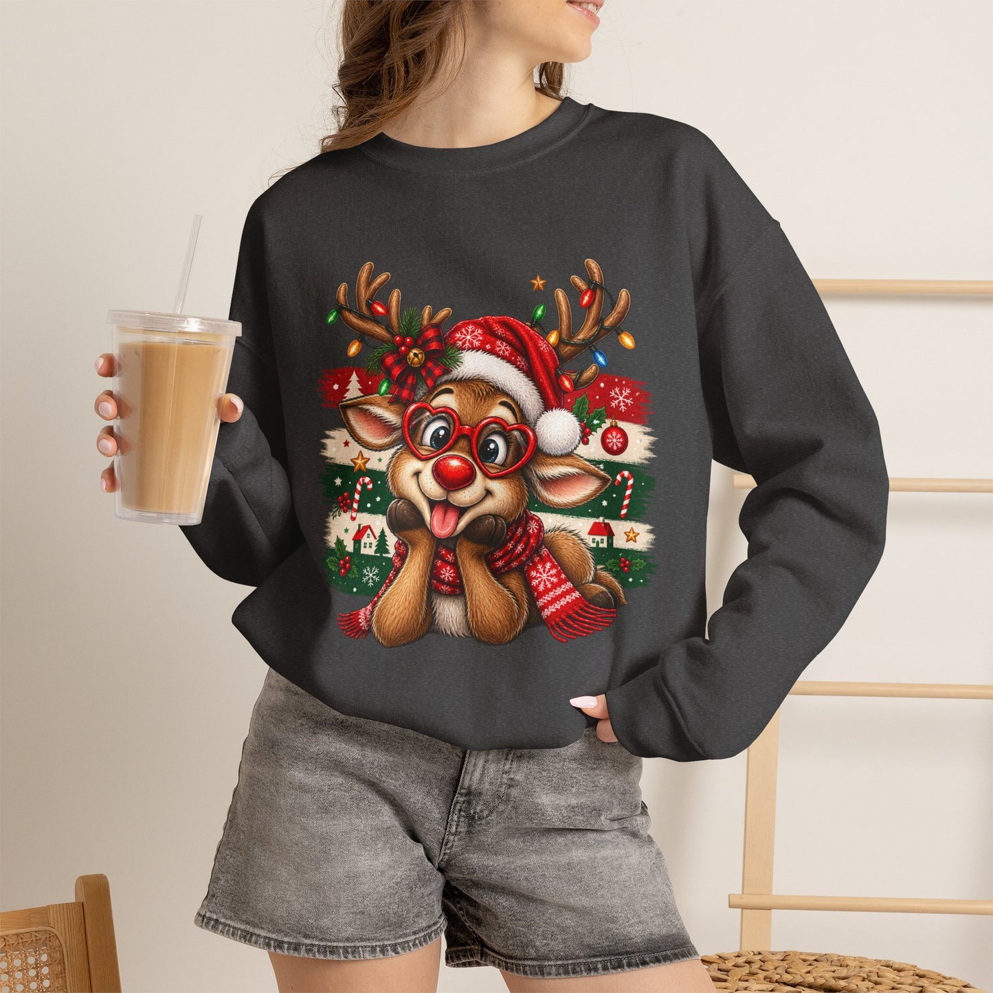 GILDAN - Cute Christmas Reindeer Crewneck Sweatshirt