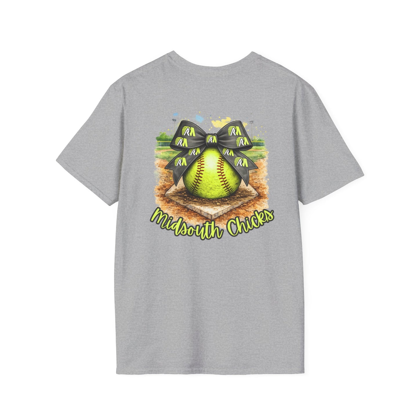 Midsouth Chicks Softball T-Shirt — Neon Green Softball Bow Design