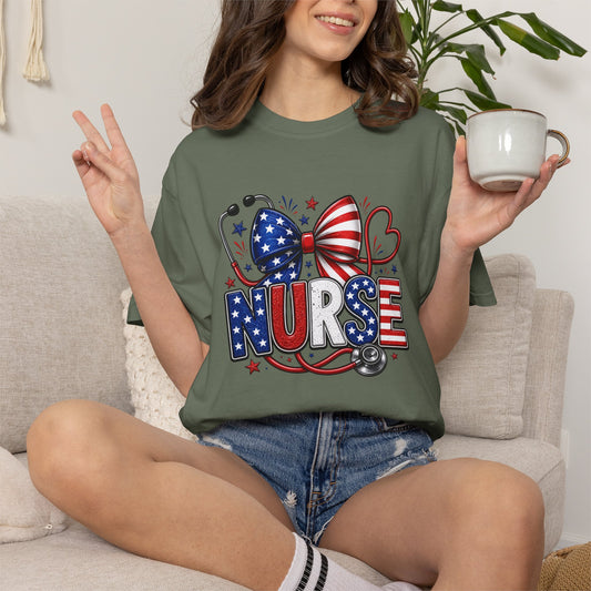 COMFORT COLORS - American Flag Nurse T-Shirt – Patriotic Stethoscope & Bow Healthcare Tee