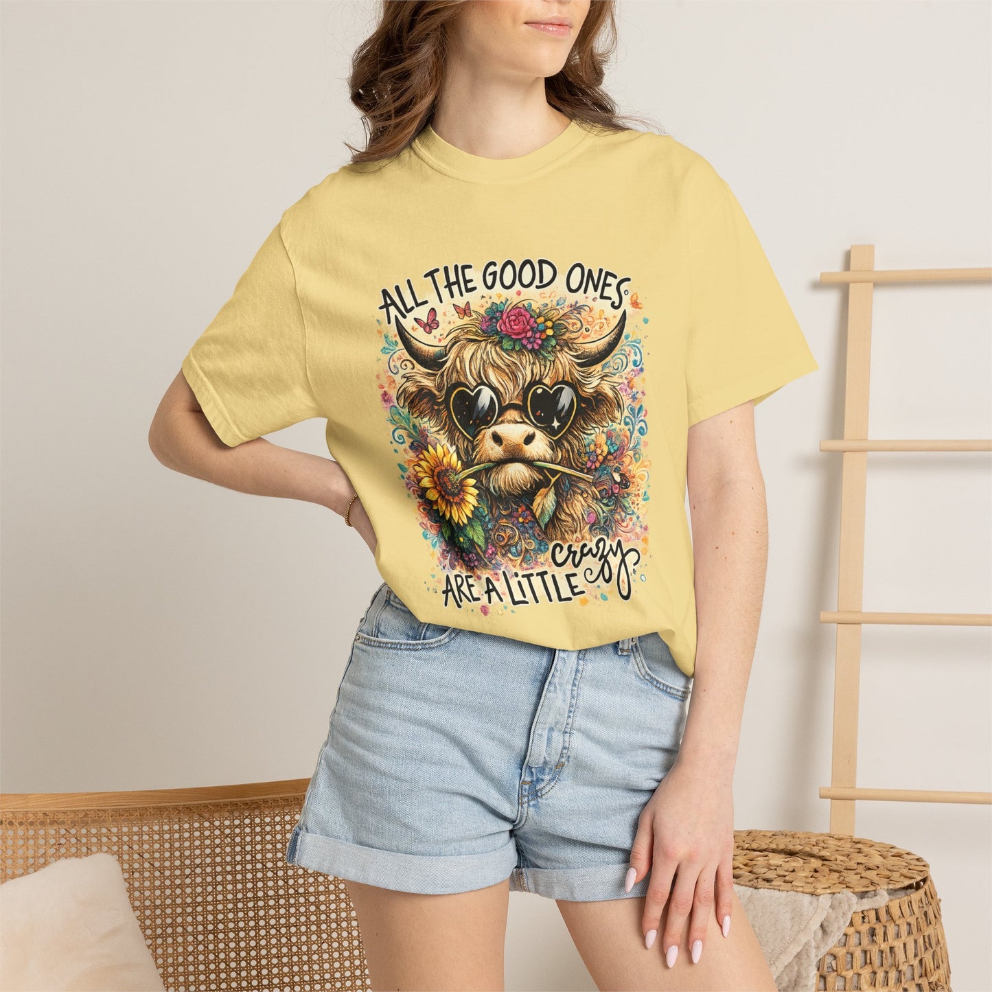 COMFORT COLORS - Cow Graphic T-Shirt — "All the Good Ones Are a Little Crazy" Floral Sunflower Design