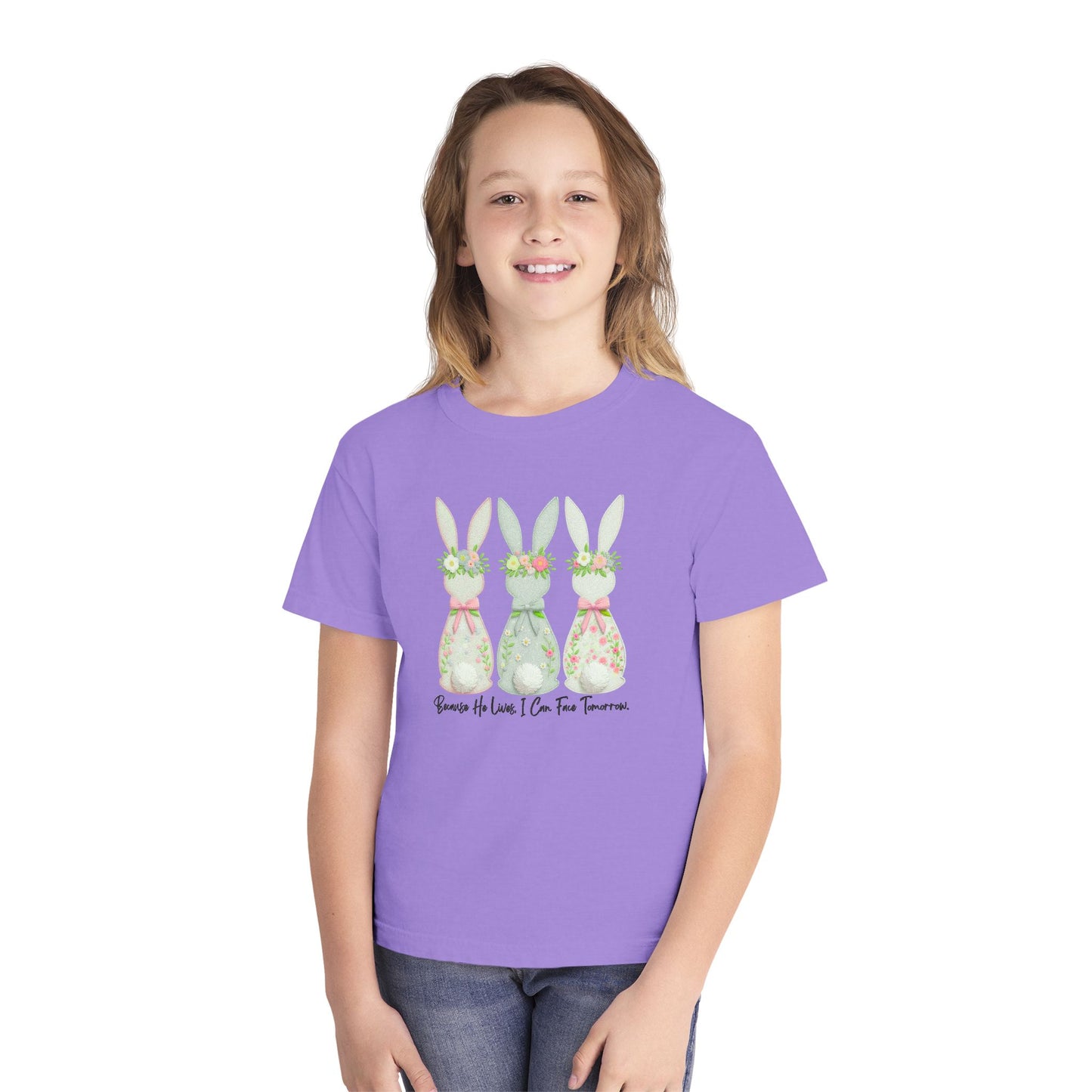 COMFORT COLORS - Easter Floral Bunny Youth Tee — 'Because He Lives'