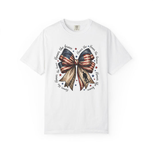 COMFORT COLORS - Patriotic American Flag Bow T-Shirt — "Home of the Brave" Fourth of July Tee