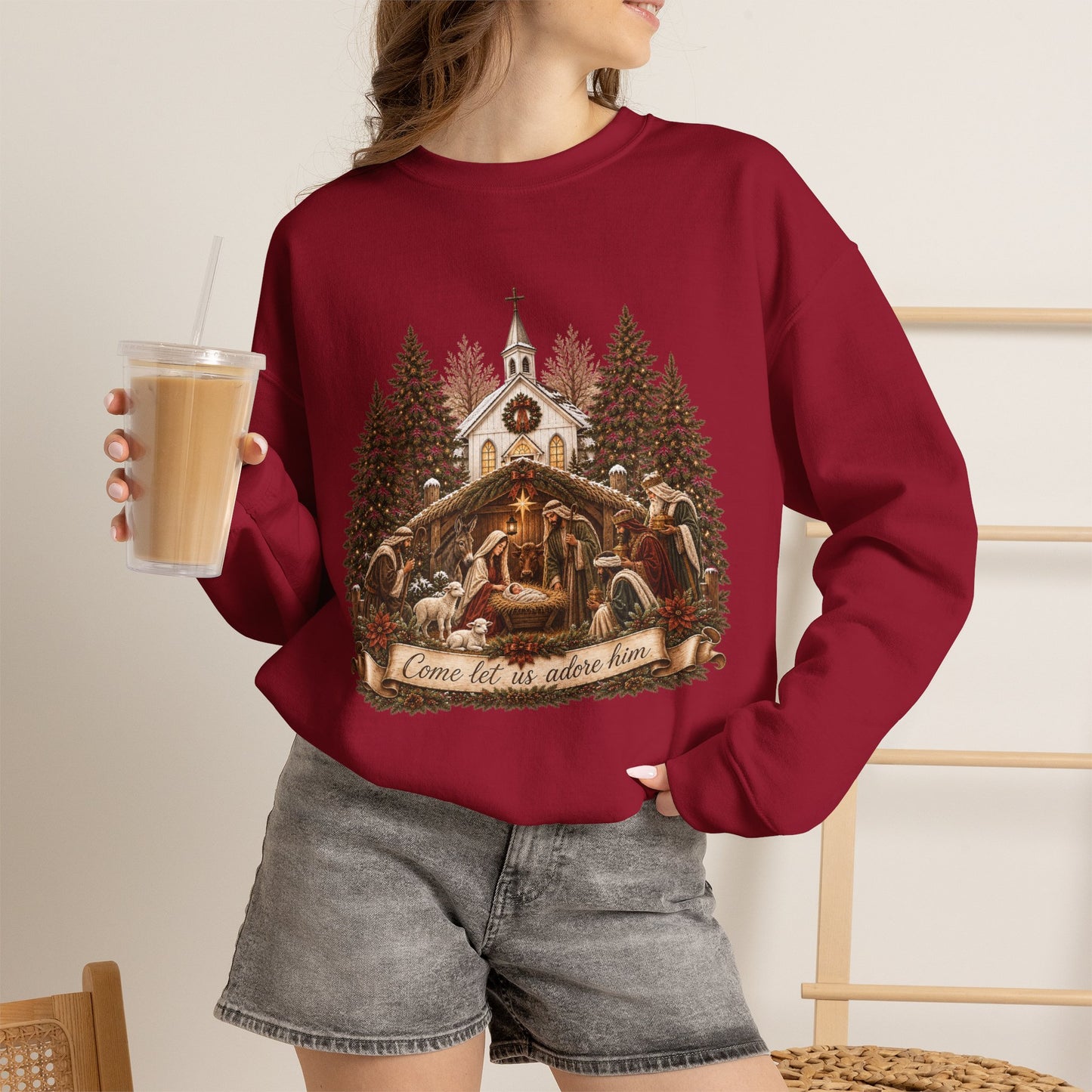 GILDAN - Nativity Scene Crewneck Sweatshirt - "Come Let Us Adore Him" Christmas Pullover