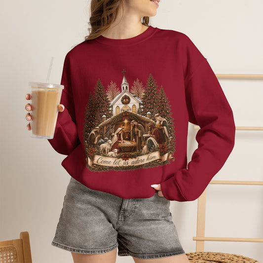 GILDAN - Nativity Scene Crewneck Sweatshirt - "Come Let Us Adore Him" Christmas Pullover