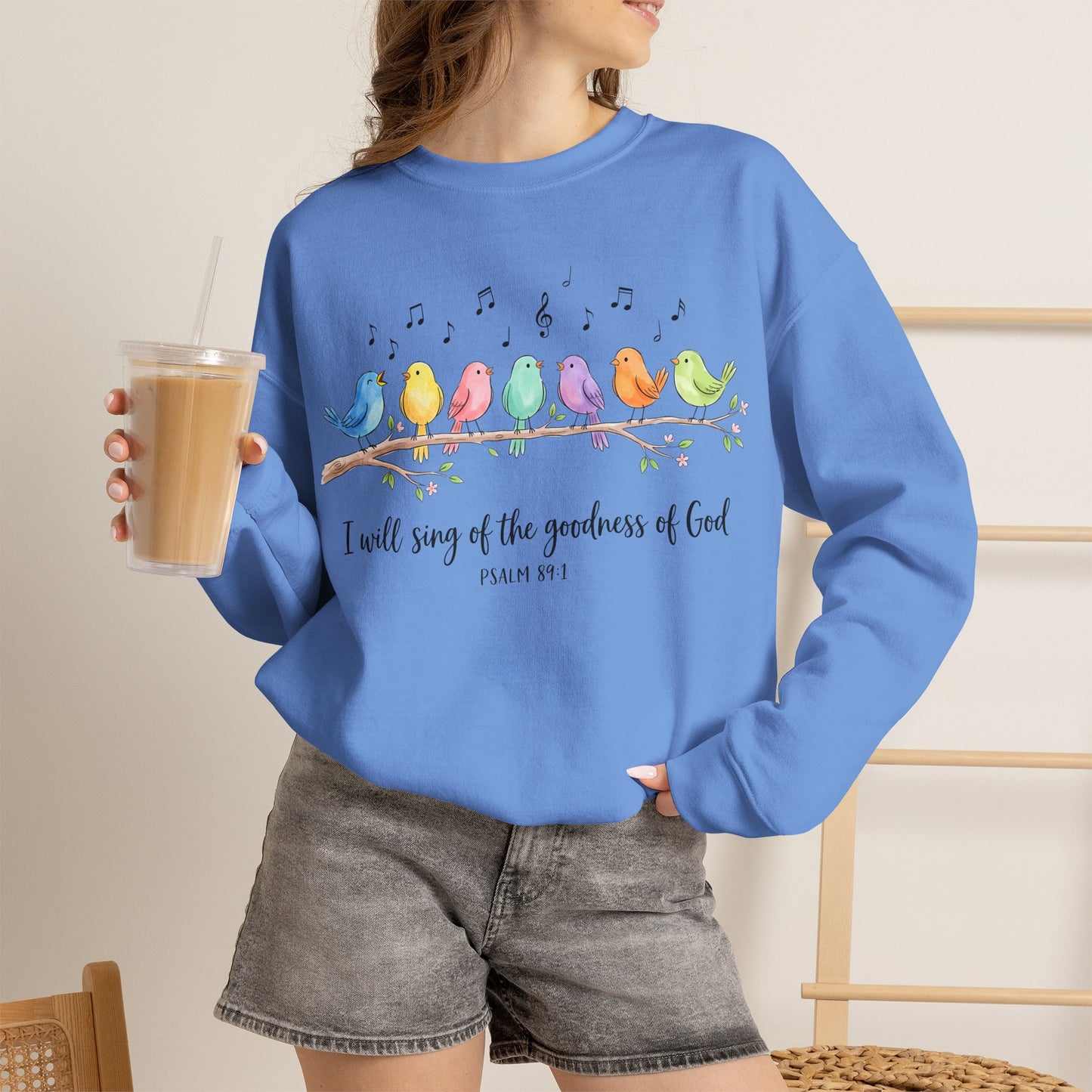 GILDAN - Psalm 89:1 Birds Crewneck Sweatshirt — I Will Sing of the Goodness of God Christian Sweatshirt