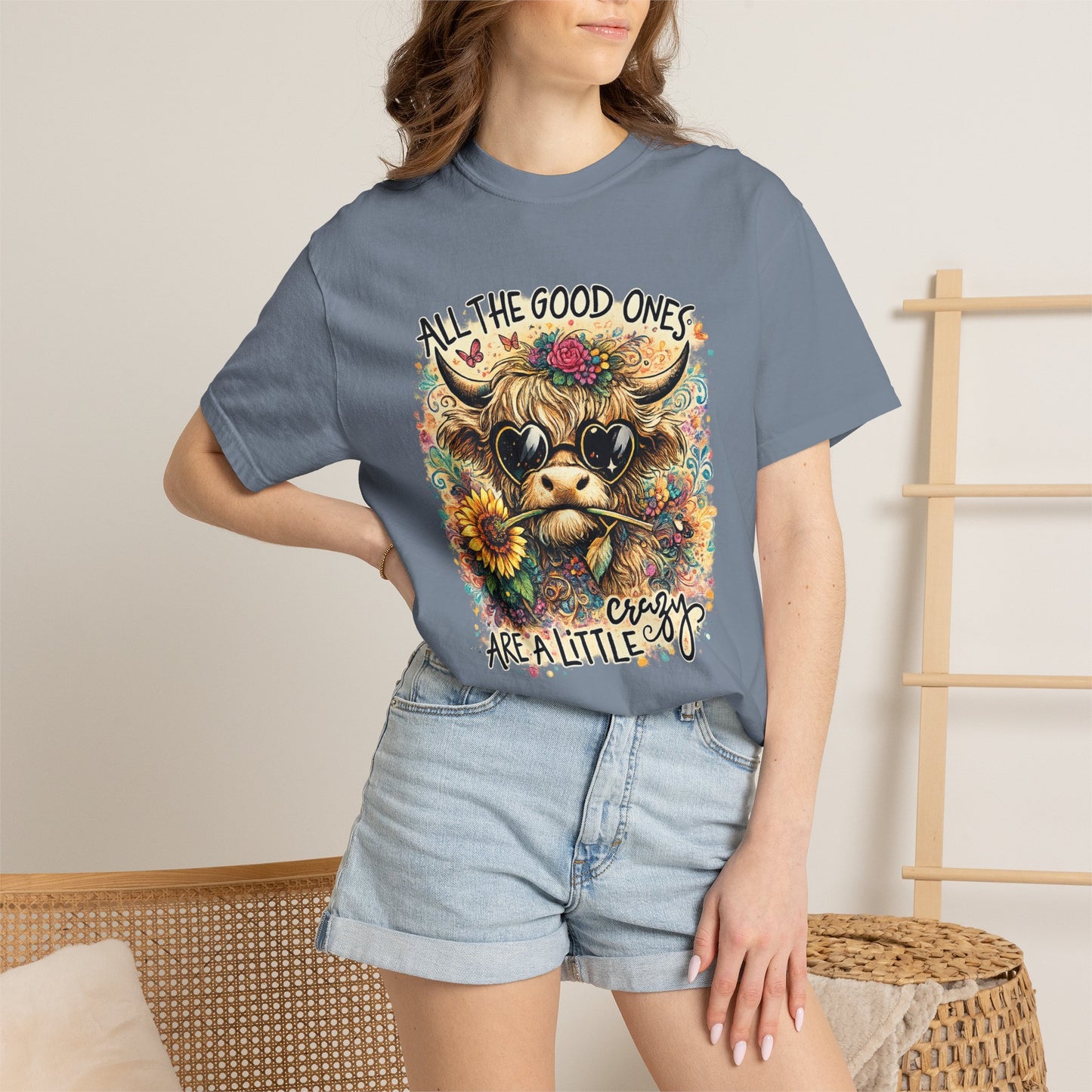 COMFORT COLORS - Cow Graphic T-Shirt — "All the Good Ones Are a Little Crazy" Floral Sunflower Design