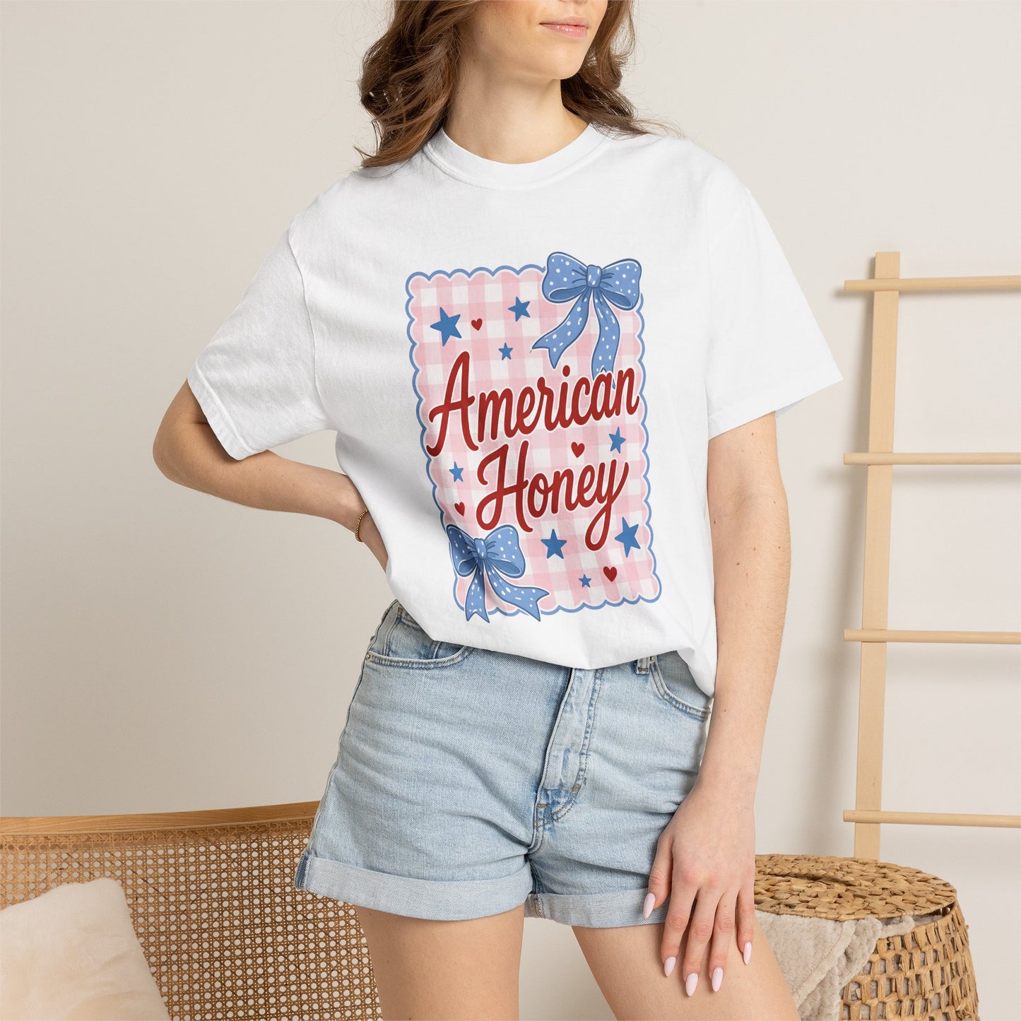 COMFORT COLORS - American Honey Graphic T-Shirt — Retro Patriotic Stars & Bows