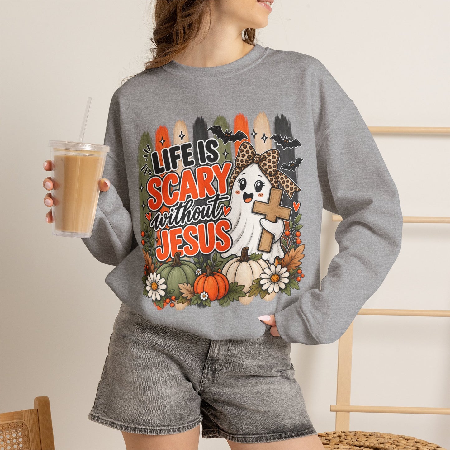 GILDAN - Christian Halloween Sweatshirt — "Life Is Scary Without Jesus" Fall Crewneck