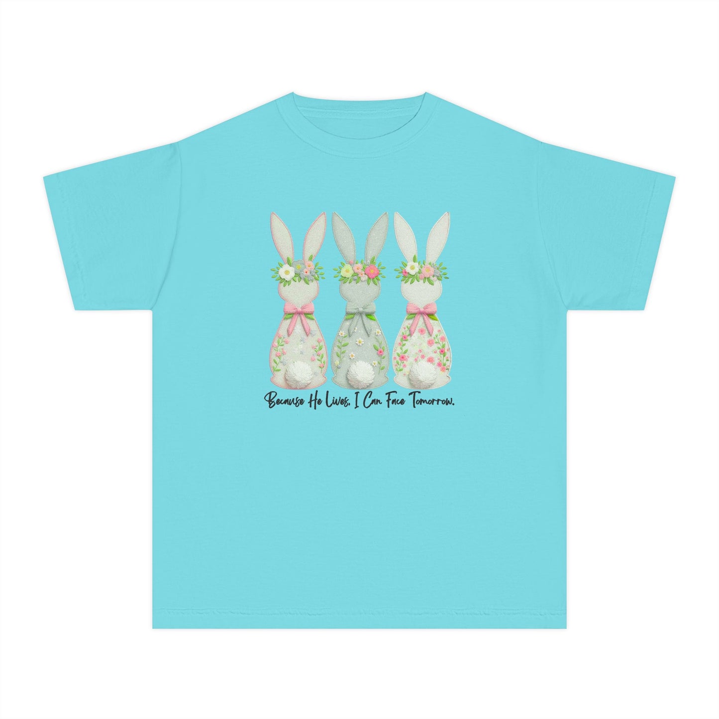 COMFORT COLORS - Easter Floral Bunny Youth Tee — 'Because He Lives'