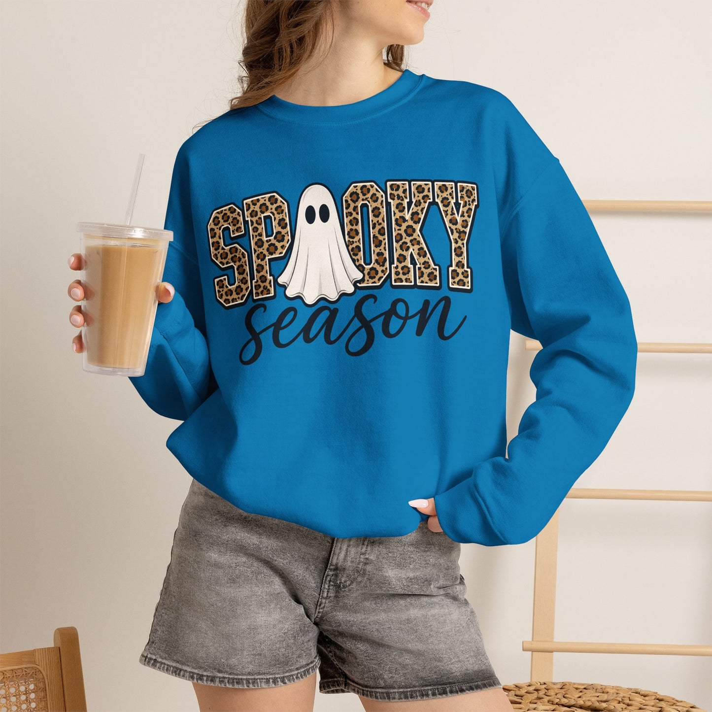 GILDAN - Spooky Season Sweatshirt — Leopard Print Ghost Halloween Crewneck