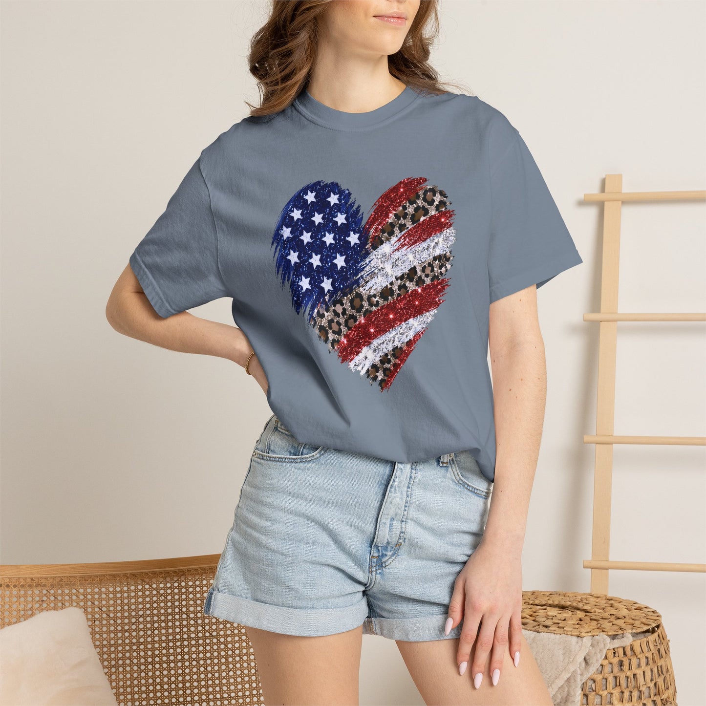 COMFORT COLORS - Patriotic Leopard Flag Heart T-Shirt — American Flag Heart Graphic Tee