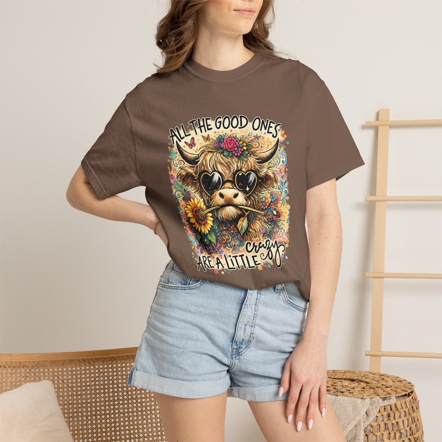 COMFORT COLORS - Cow Graphic T-Shirt — "All the Good Ones Are a Little Crazy" Floral Sunflower Design