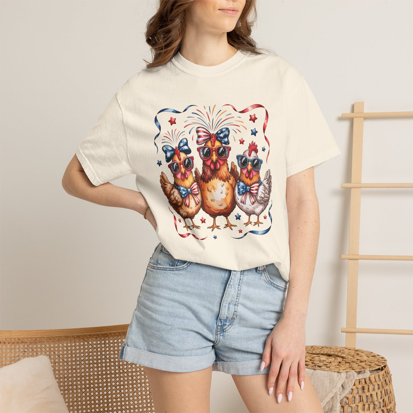 COMFORT COLORS - Patriotic Chickens T-Shirt — 4th of July Farm Animal Graphic Tee