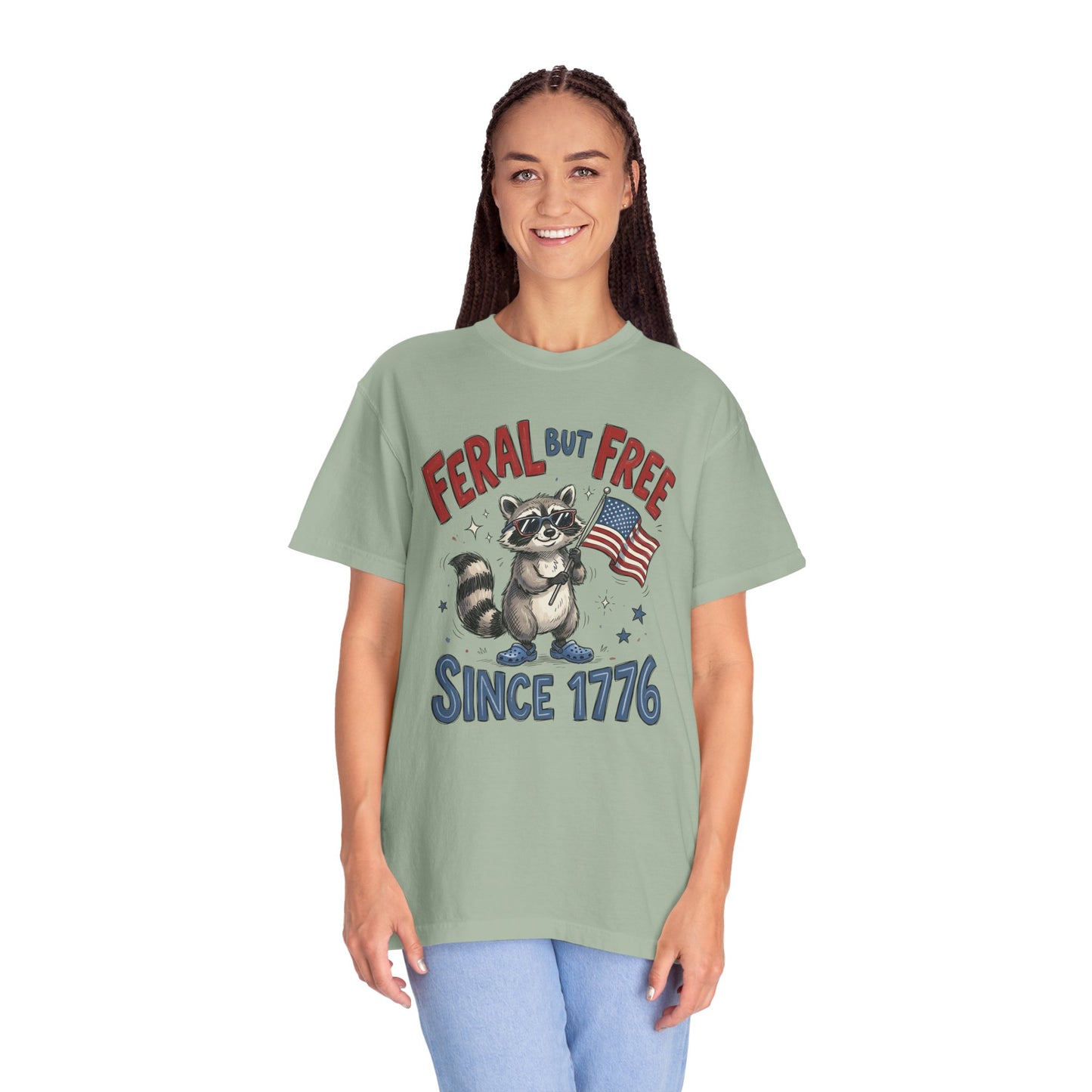 Feral But Free Since 1776 T-Shirt — Cute Raccoon American Flag Patriotic Tee