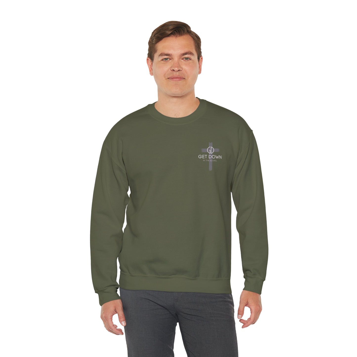 GILDAN -GET DOWN IN THE GOSPEL GRAY CROSS WHITE FONT