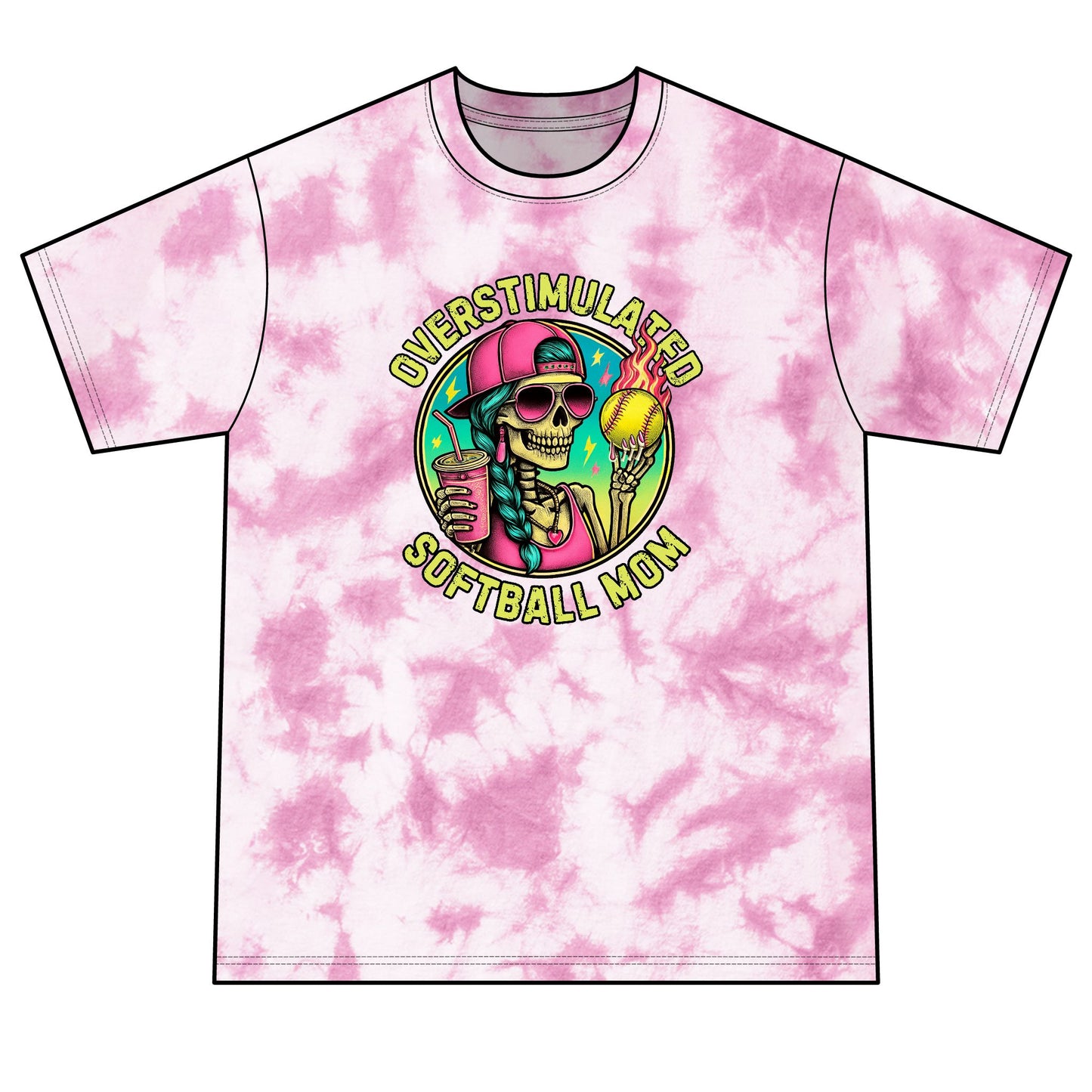 Overstimulated Softball Mom Tie-Dye Tee — Neon Crystal Green