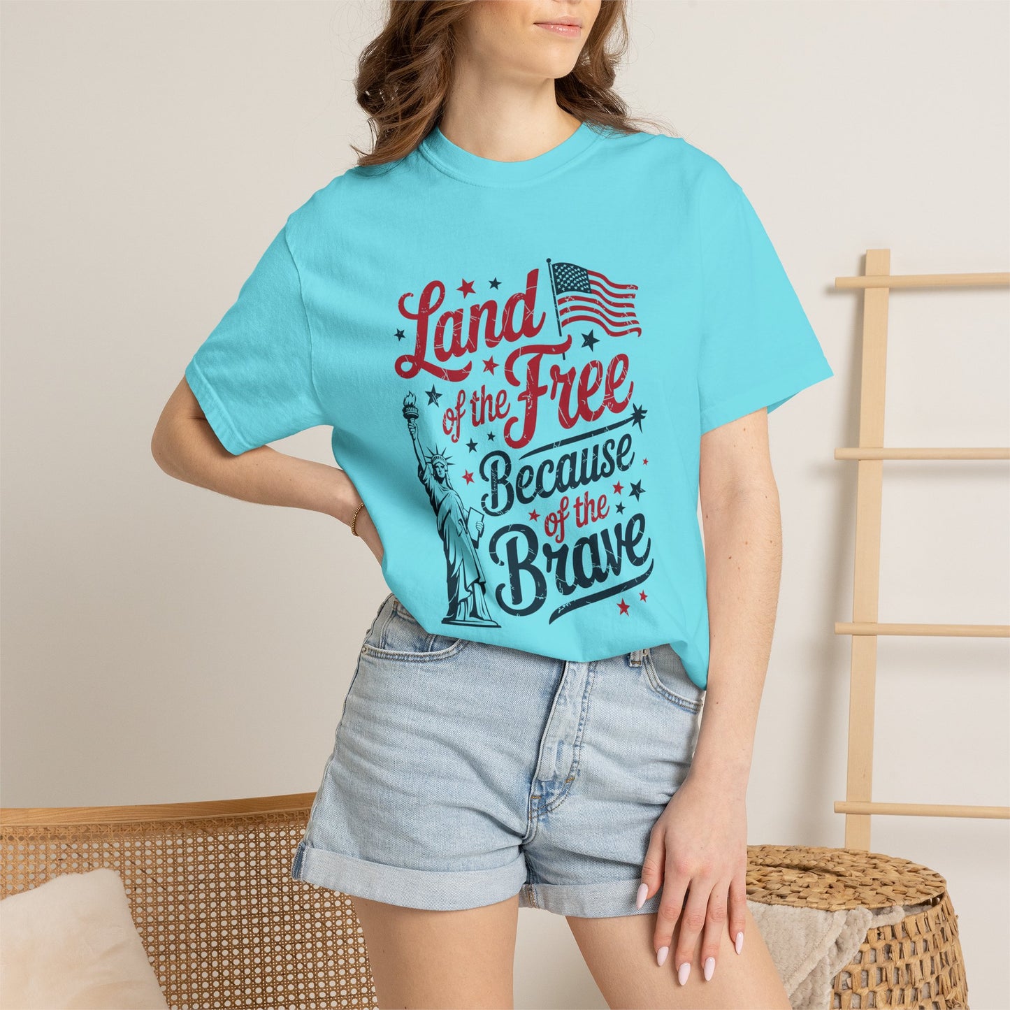COMFORT COLORS - Land of the Free Because of the Brave T-Shirt — Patriotic Statue of Liberty Graphic Tee