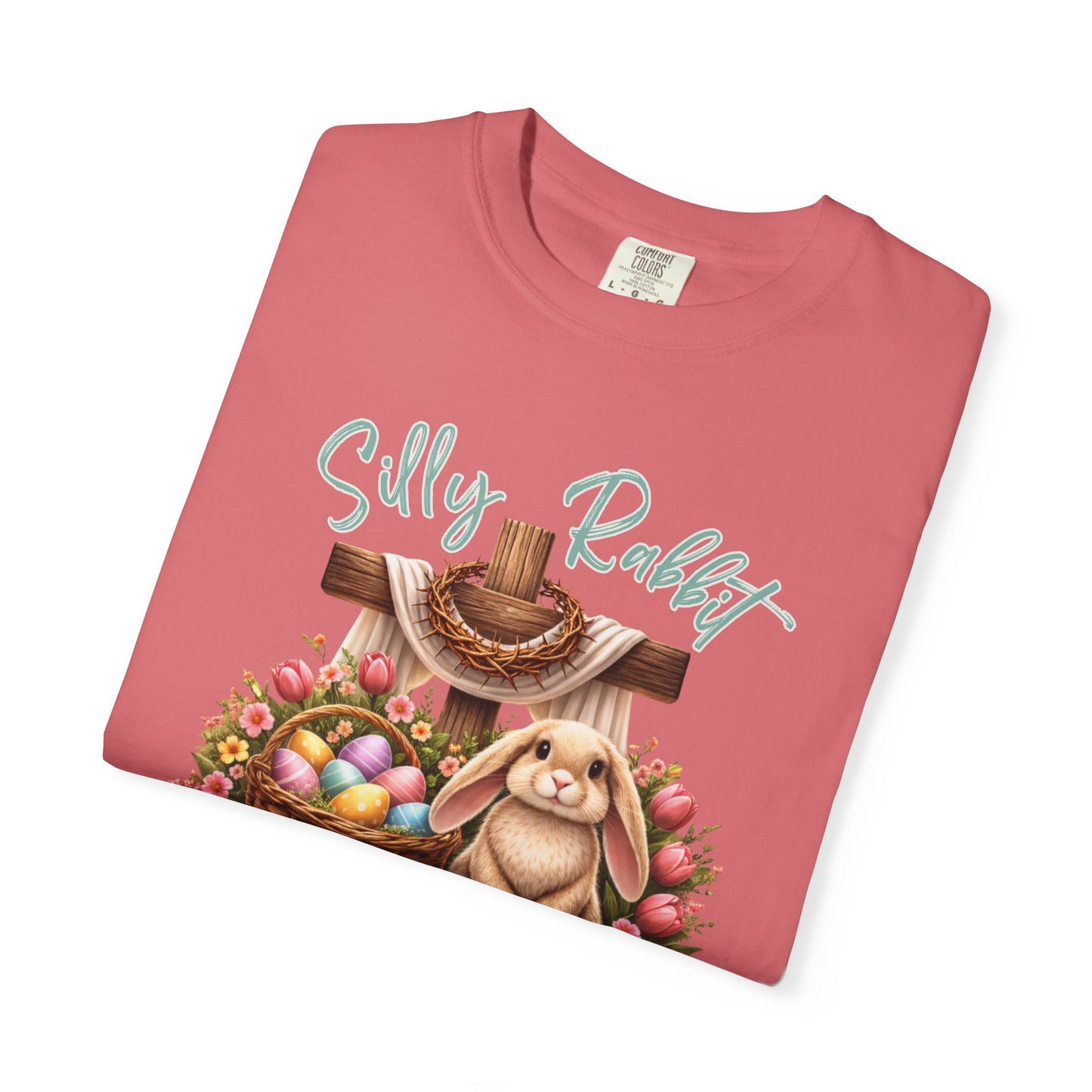 COMFORT COLORS -  Silly Rabbit Easter Bunny T-shirt | Pastel Eggs, Basket, Cross Back Print