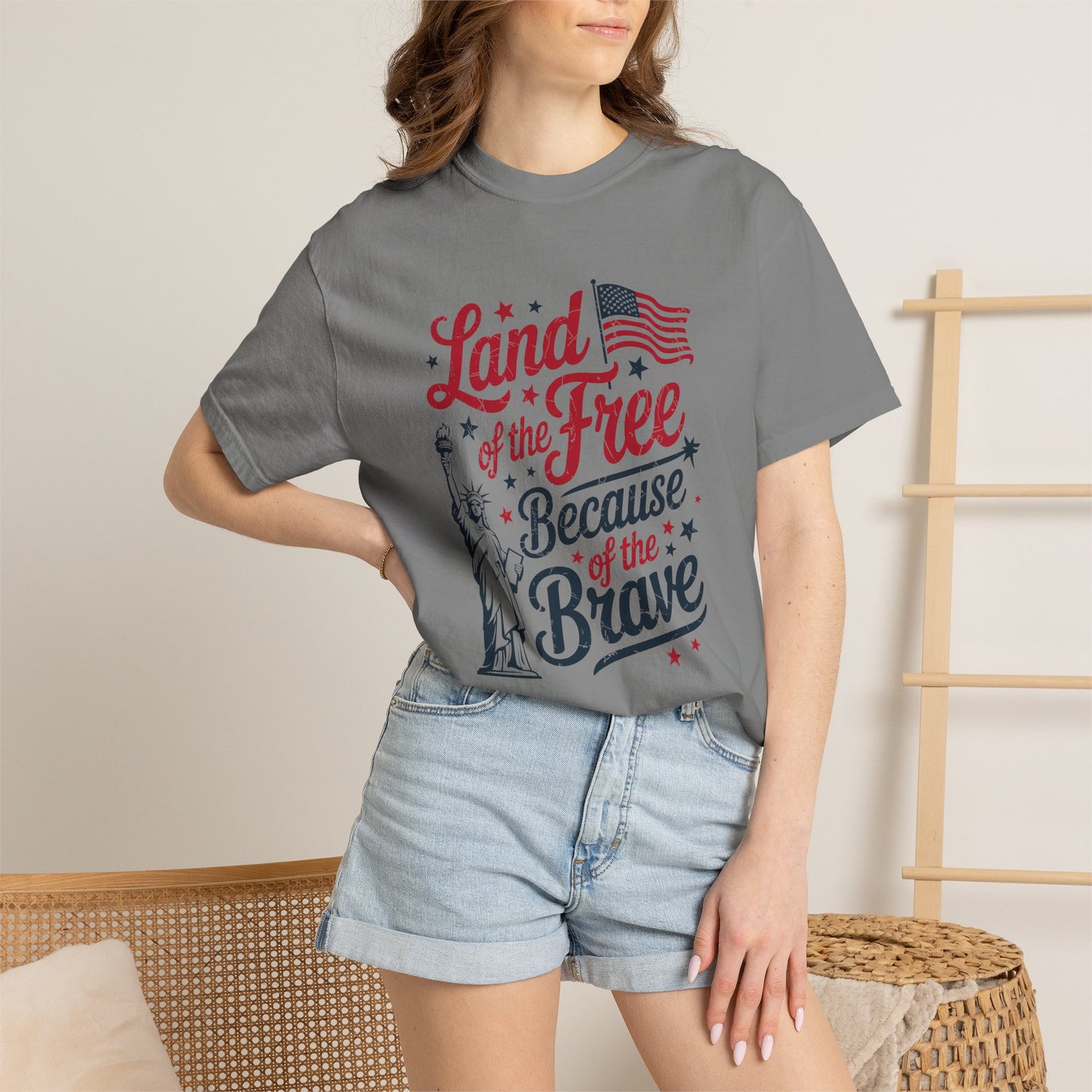 COMFORT COLORS - Land of the Free Because of the Brave T-Shirt — Patriotic Statue of Liberty Graphic Tee