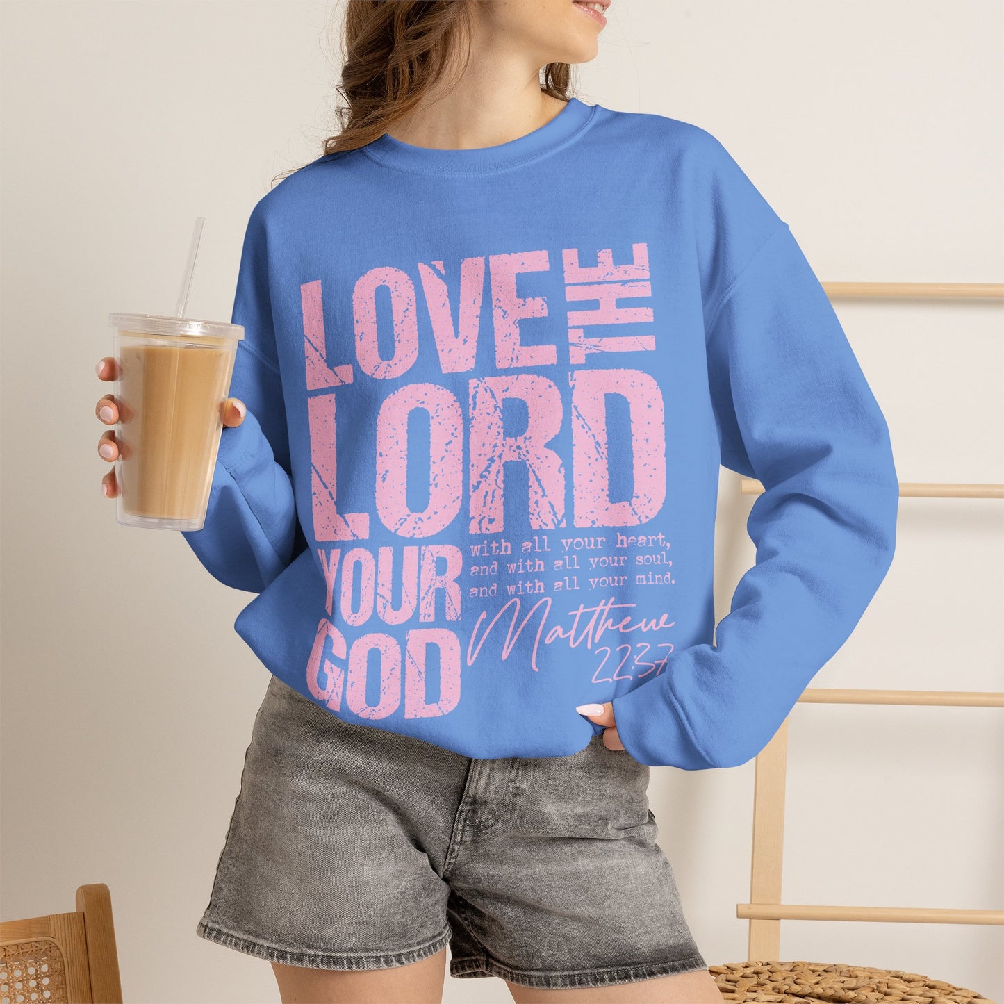 GILDAN - Christian Crewneck Sweatshirt — "Love the Lord Your God" Pink Scripture Graphic