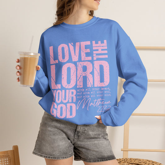GILDAN - Christian Crewneck Sweatshirt — "Love the Lord Your God" Pink Scripture Graphic