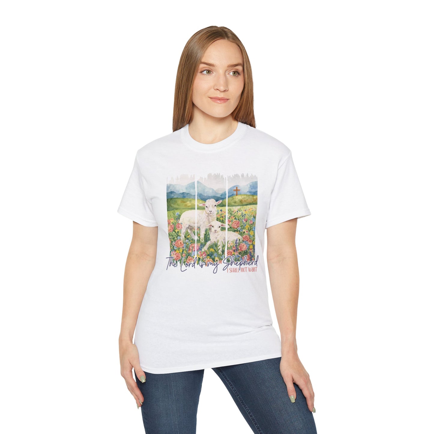 GILDAN - Lamb In Wildflowers Tee – "The Lord Is My Shepherd" Cotton T-Shirt