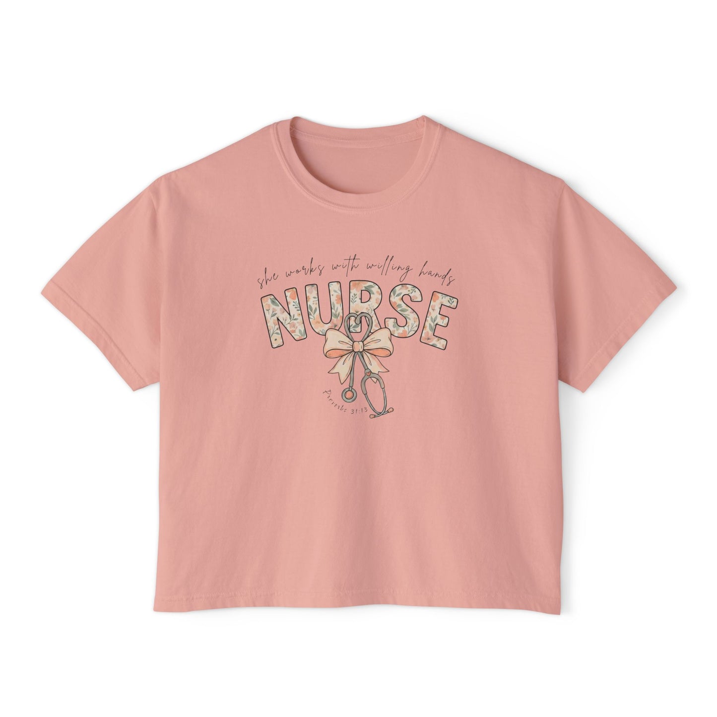 COMFORT COLOR - Nurse Boxy Tee — Floral Stethoscope Graphic for Women, "Nurse" Gift