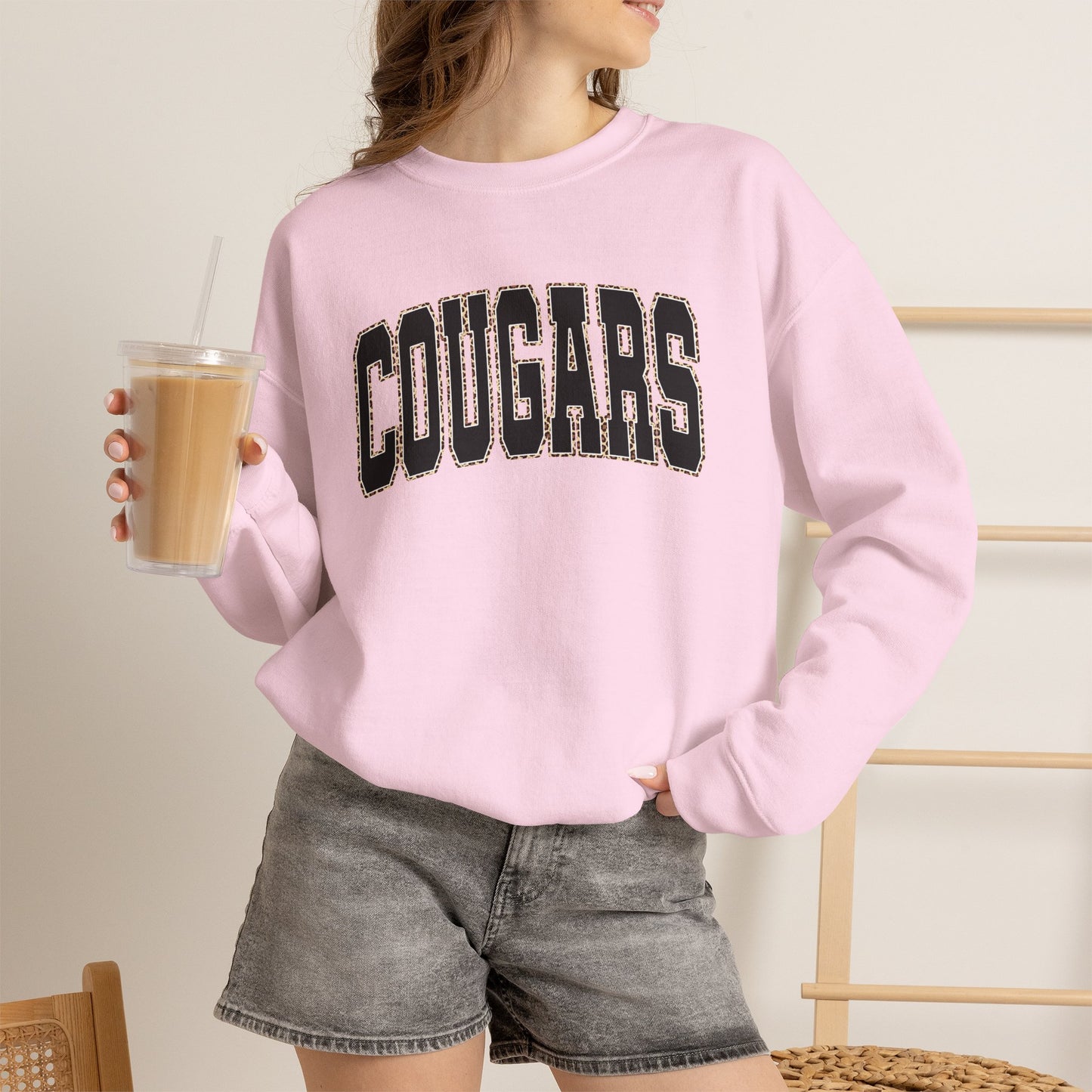 GILDAN - Cougars Crewneck Sweatshirt — BLACK LETTERS LEOPARD OUTLINE - Vintage Collegiate Team Pullover