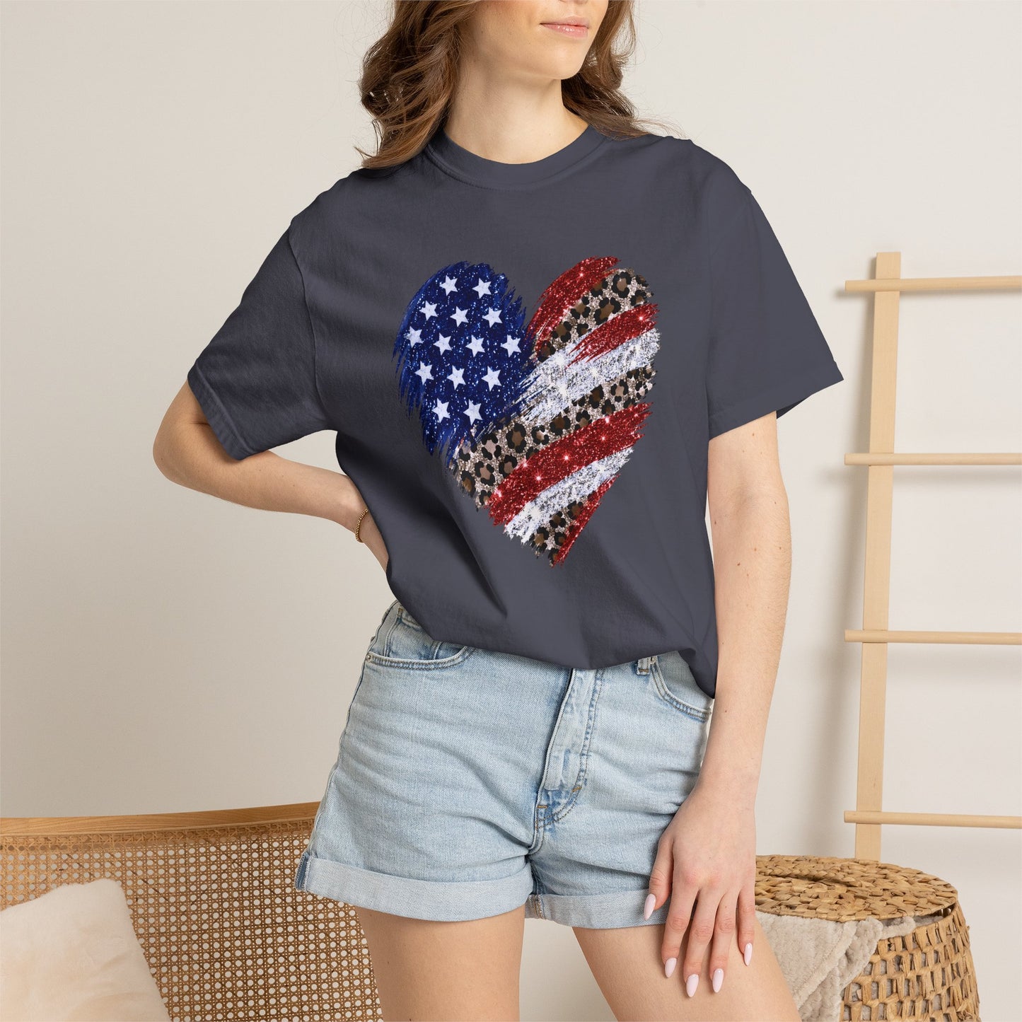 COMFORT COLORS - Patriotic Leopard Flag Heart T-Shirt — American Flag Heart Graphic Tee