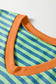 Red Stripe Colorblock Trim V Neck Tee Drawstring Elastic Waist Short Set