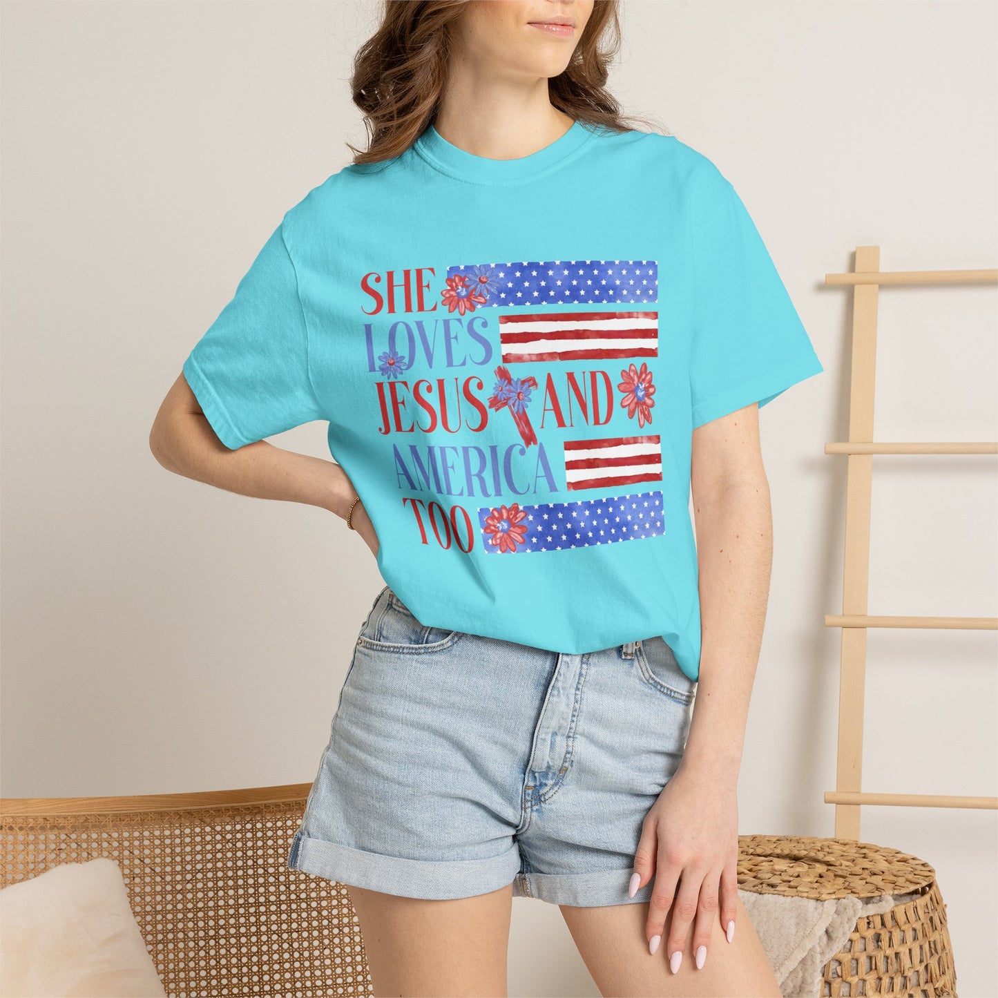 COMFORT COLORS - She Loves Jesus and America Too T-Shirt — Patriotic Christian Tee for Women (July 4th)