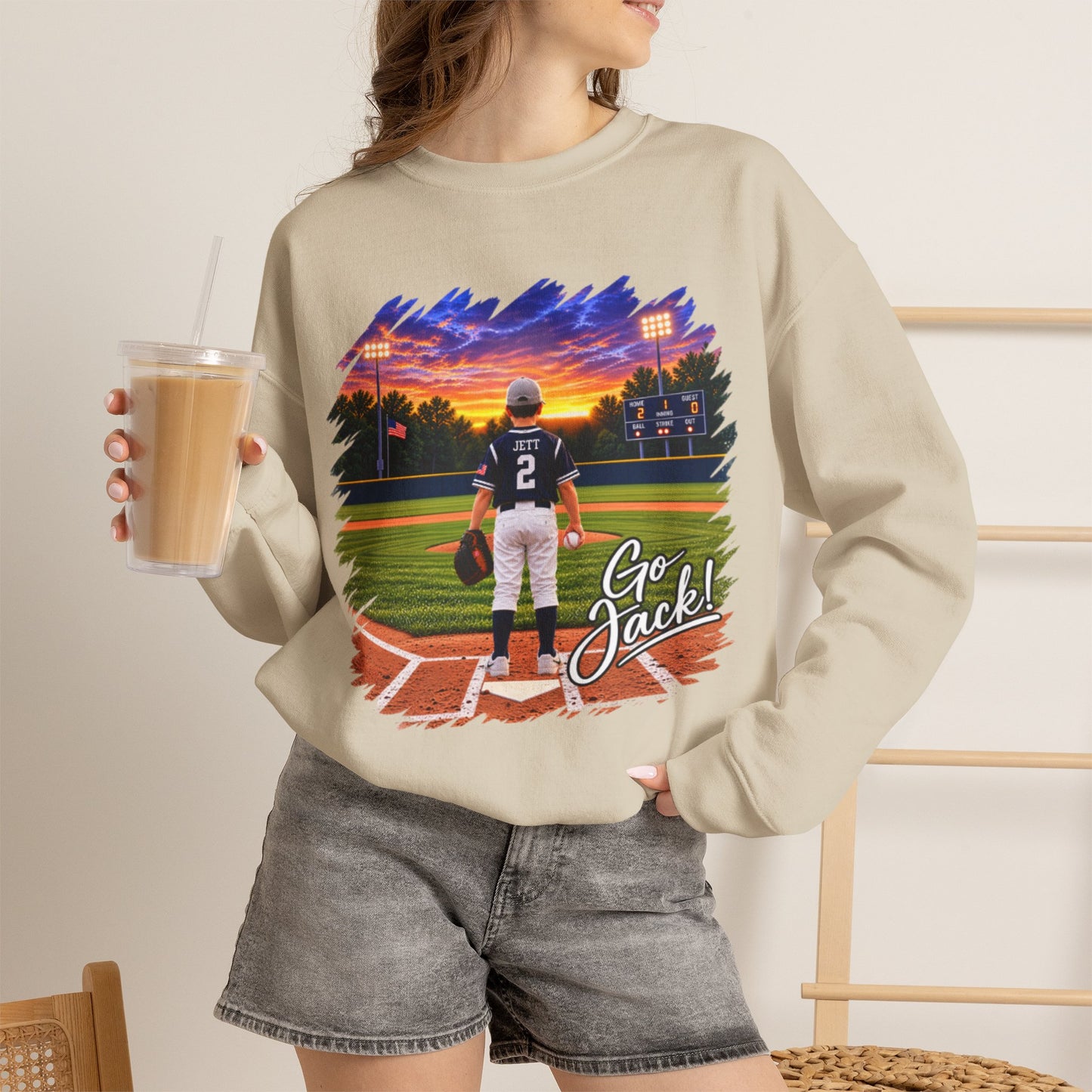 *** SPECIAL REQUEST - MORGAN JETT - GILDAN - Baseball Player Sunset Crewneck Sweatshirt — "Go Jack!" Team Spirit Crew