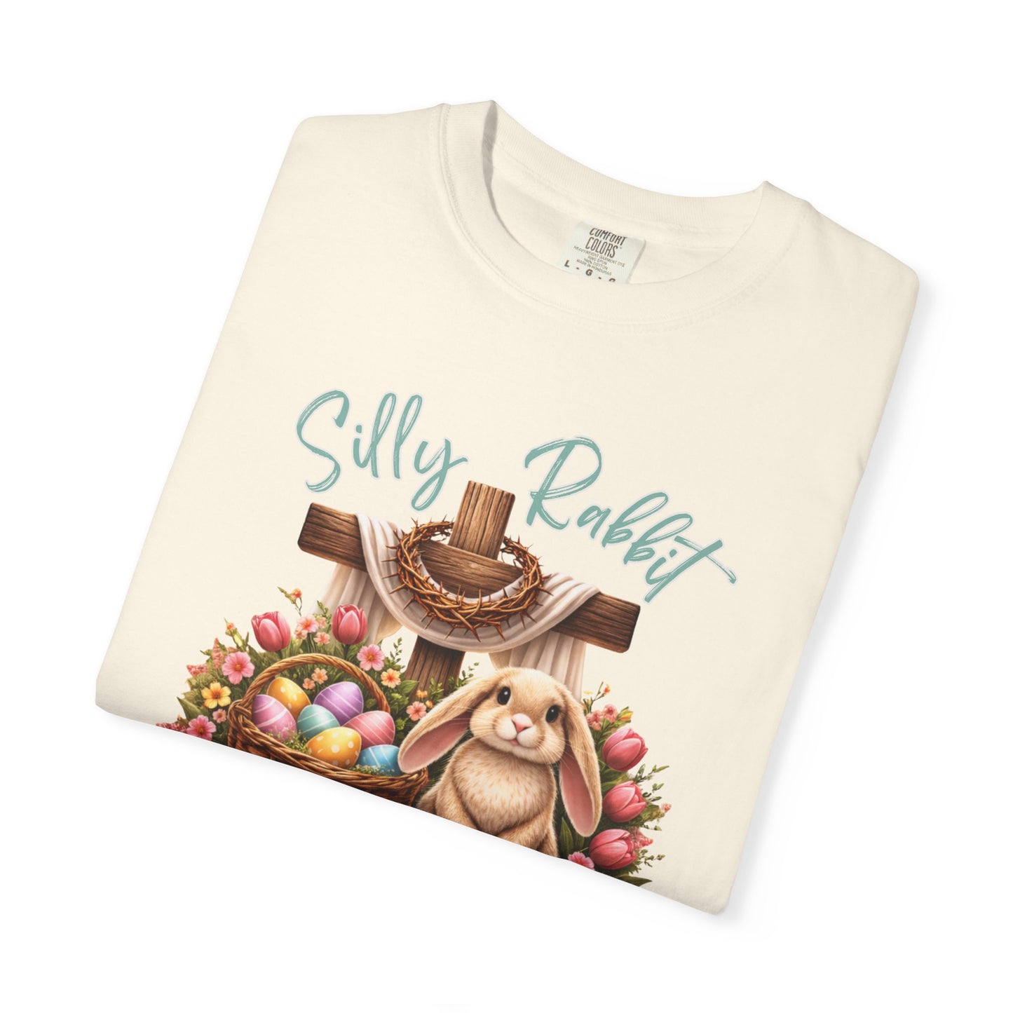COMFORT COLORS -  Silly Rabbit Easter Bunny T-shirt | Pastel Eggs, Basket, Cross Back Print