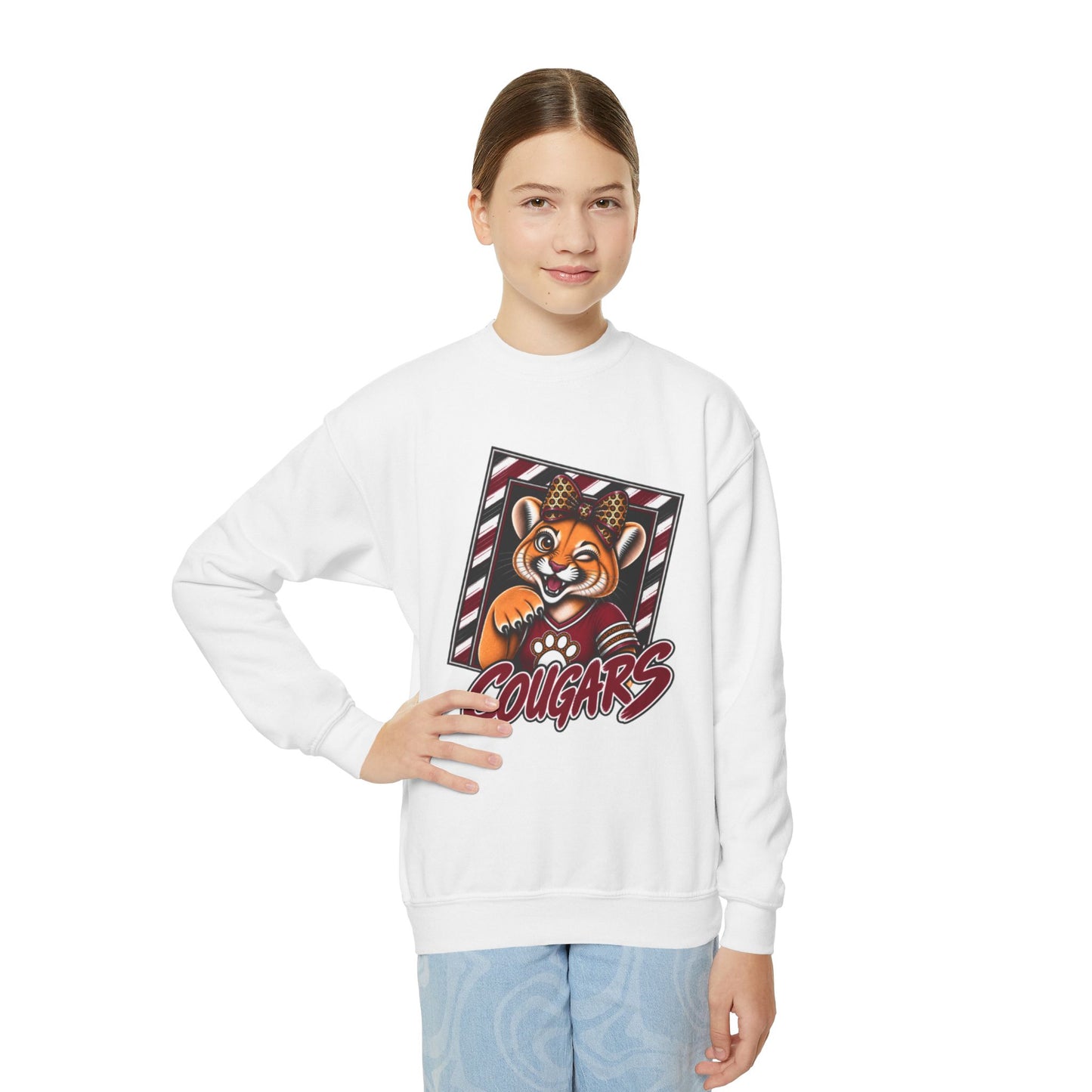 GILDAN - Cougars Youth Crewneck Sweatshirt — Cute Mascot Cougar Kid’s School Spirit Pullover
