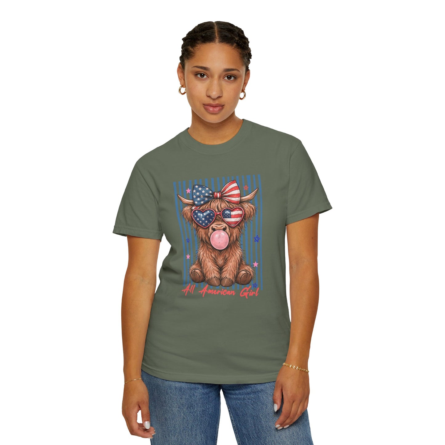 COMFORT COLORS - All American Girl T-Shirt — Patriotic Cow Pup Graphic Tee