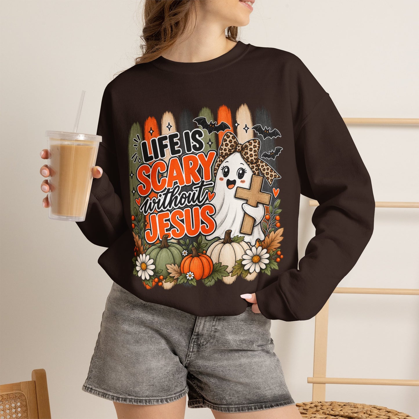 GILDAN - Christian Halloween Sweatshirt — "Life Is Scary Without Jesus" Fall Crewneck