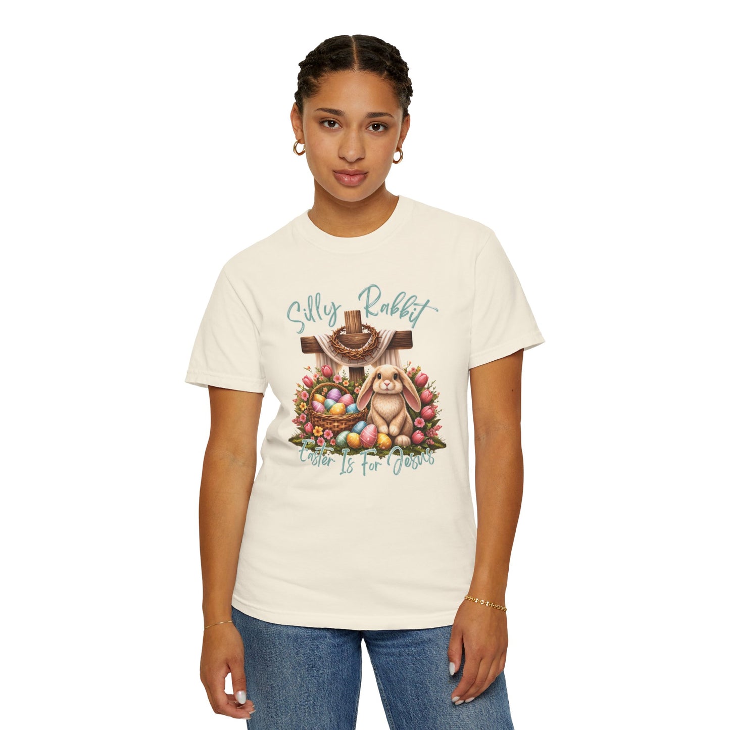 COMFORT COLORS -  Silly Rabbit Easter Bunny T-shirt | Pastel Eggs, Basket, Cross Back Print