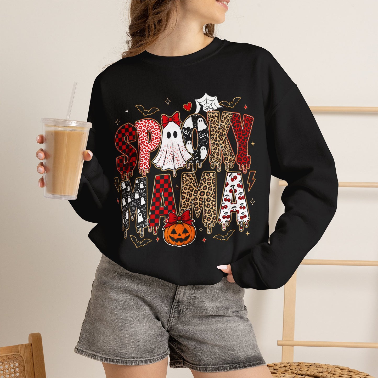 GILDAN - Spooky Mama Sweatshirt – Cute Halloween Ghost & Pumpkin Graphic Crewneck