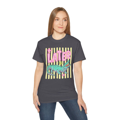 Later Alligator T‑Shirt — Retro Pink & Teal Gator Graphic Tee