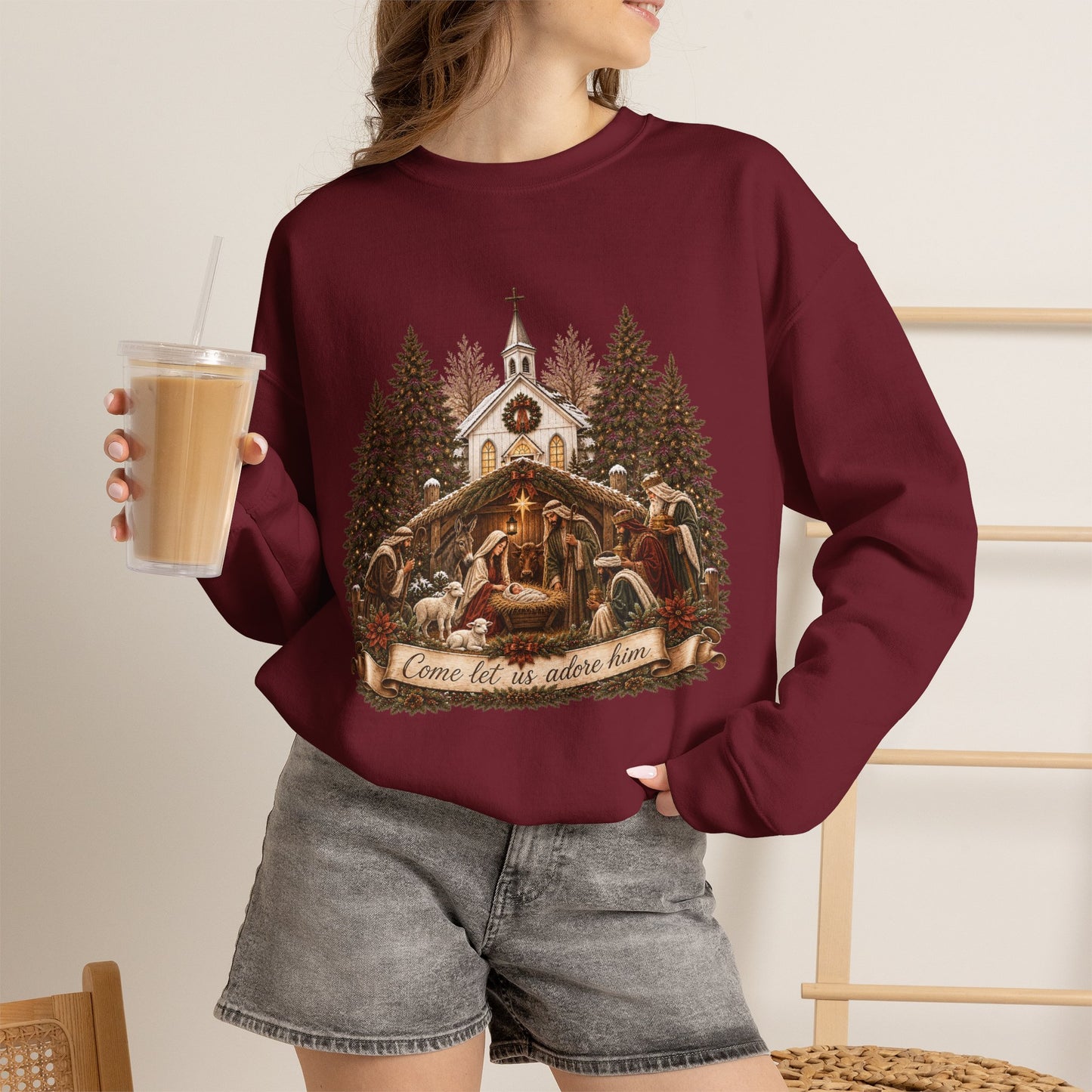 GILDAN - Nativity Scene Crewneck Sweatshirt - "Come Let Us Adore Him" Christmas Pullover