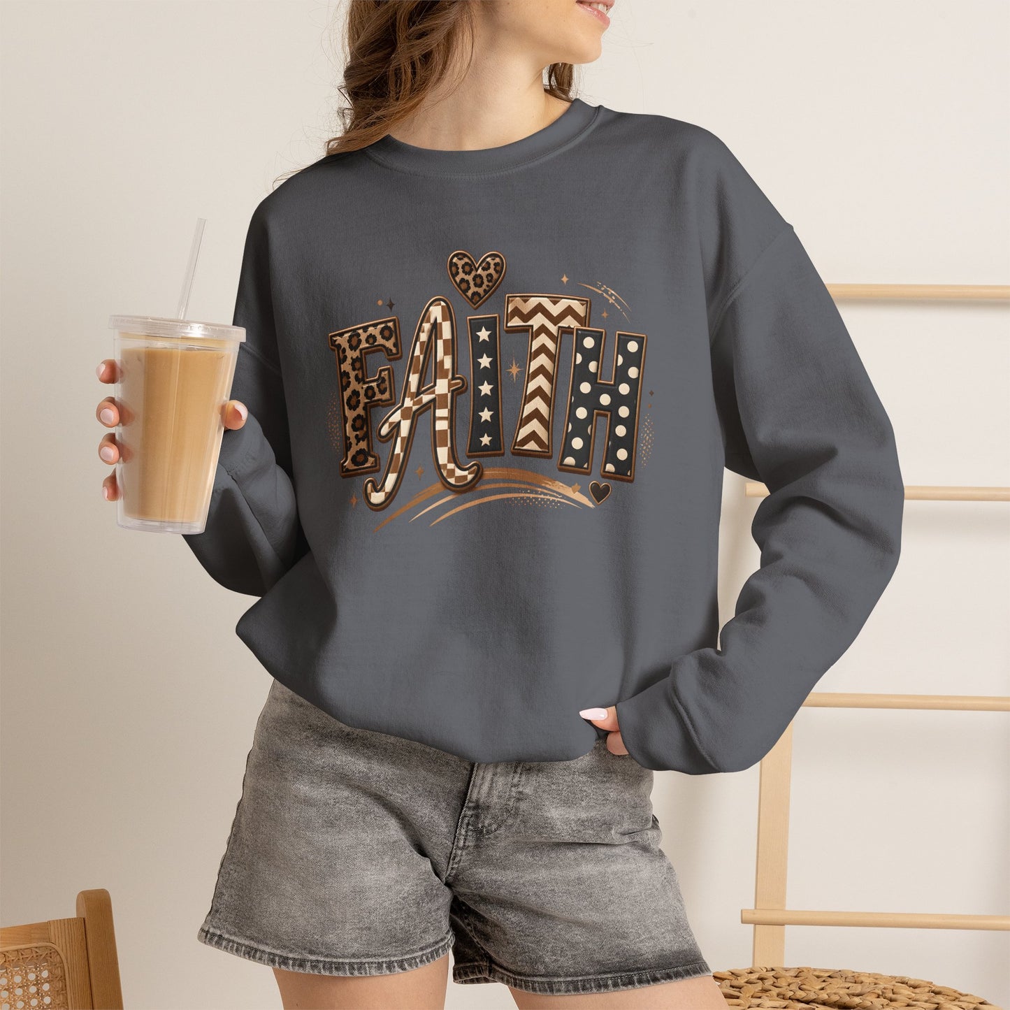 GILDAN - Faith Leopard Print Crewneck Sweatshirt