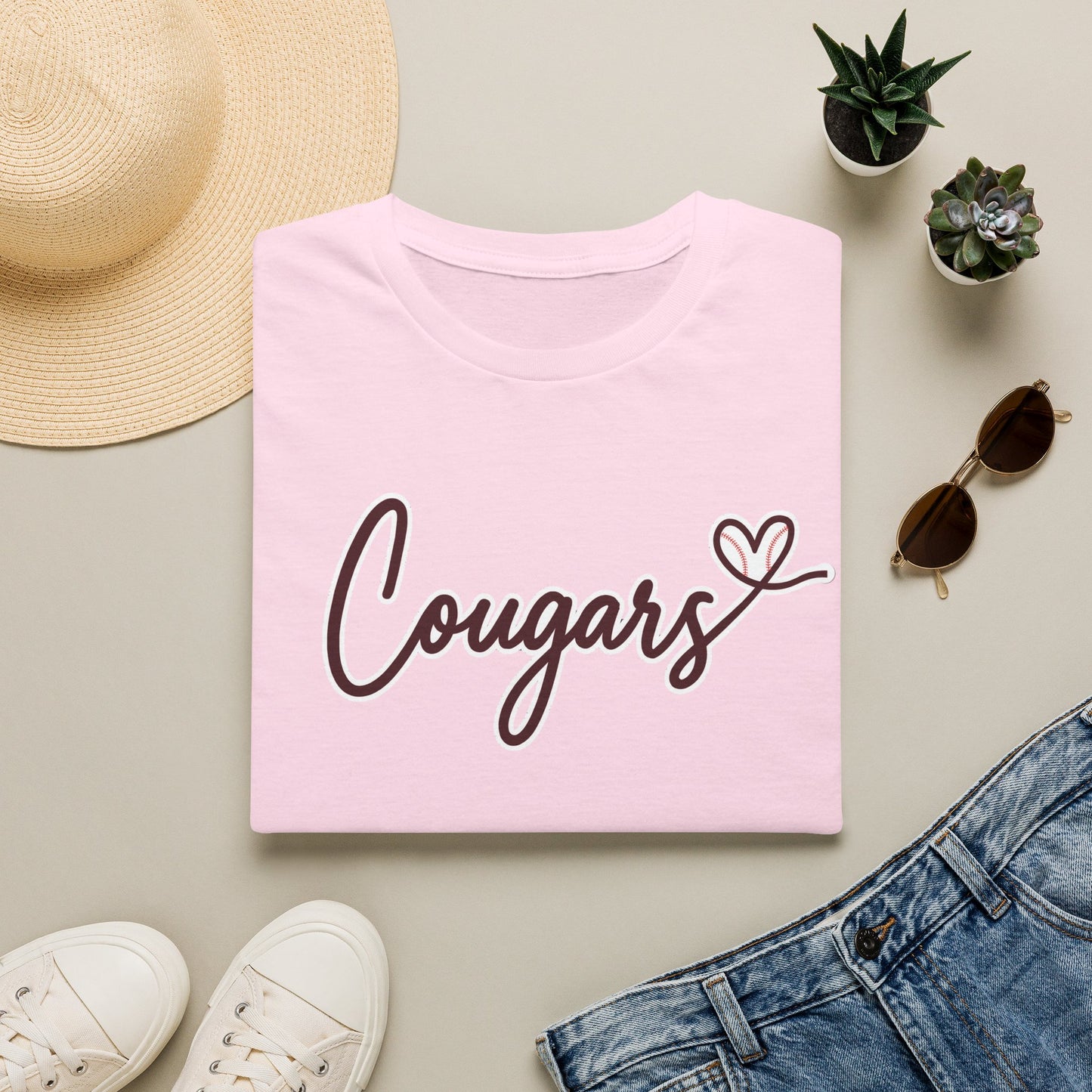 GILDAN - Cougars Script T-Shirt — Retro Pink Heart Team Tee