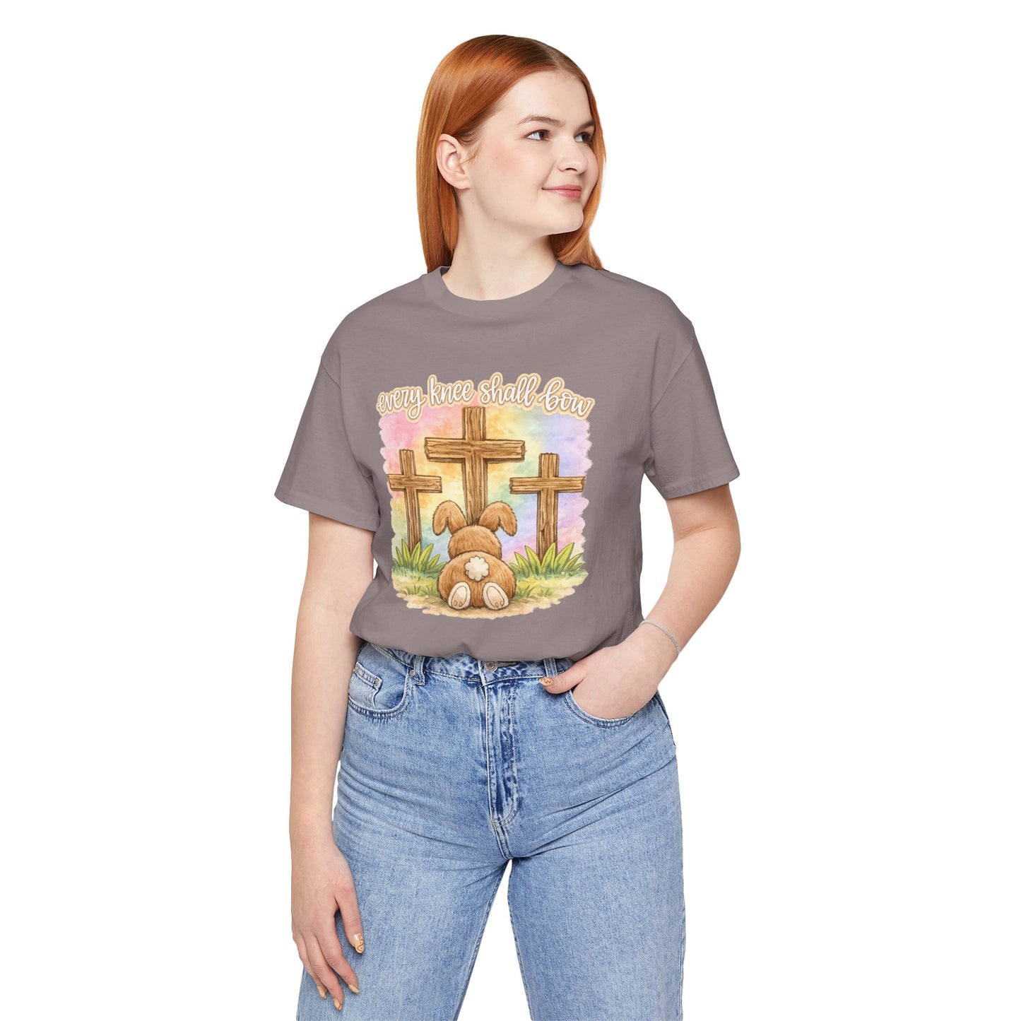 BELLA  CANVAS - Easter Bunny Kneeling at Crosses T‑Shirt — Christian Easter Faith Tee